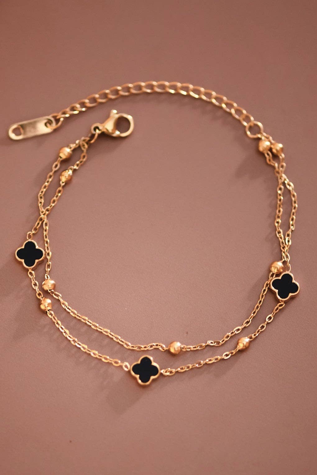 Double Chain Black Quatrefoil Clover Bracelet