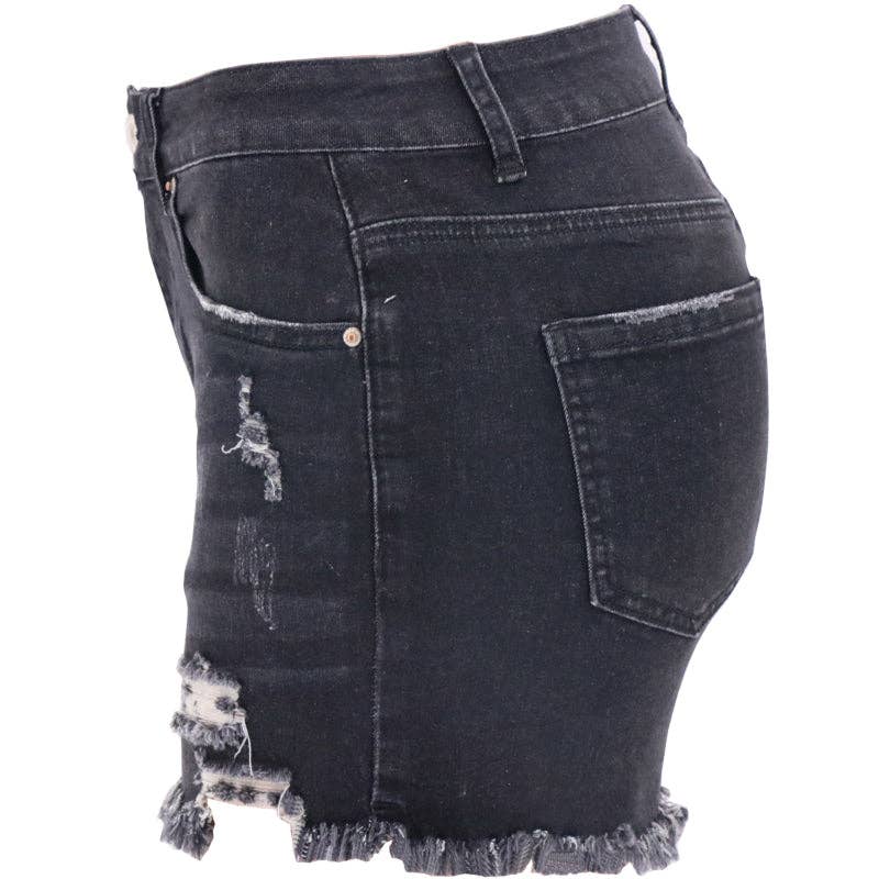 Black High Rise Distressed Denim Shorts