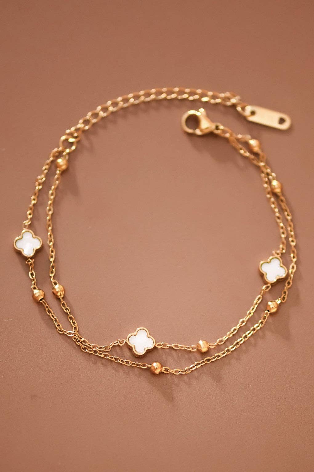 Double Chain White Pearl Quatrefoil Clover Bracelet