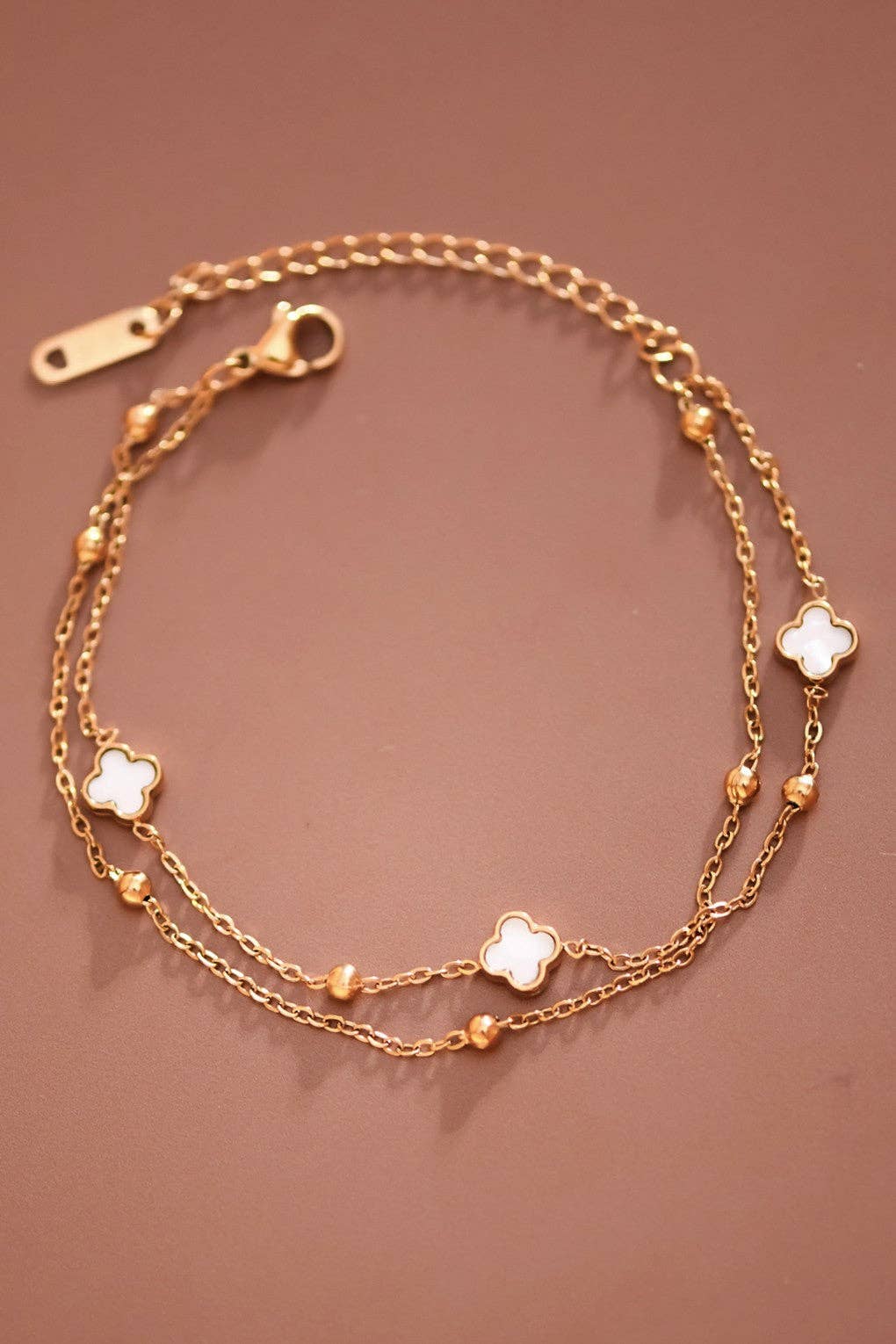 Double Chain White Pearl Quatrefoil Clover Bracelet