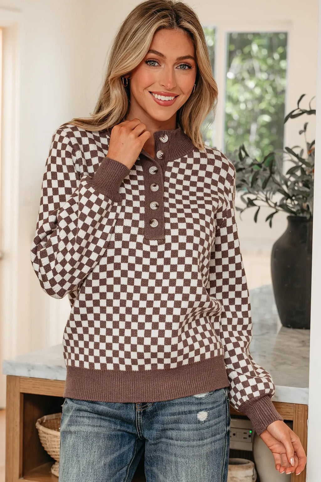 Brown Checkered Half Button Ribbed Trim Sweater