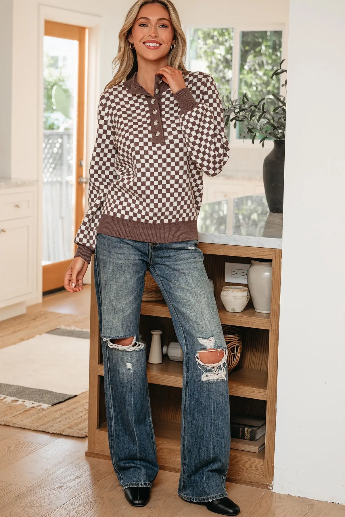Brown Checkered Half Button Ribbed Trim Sweater
