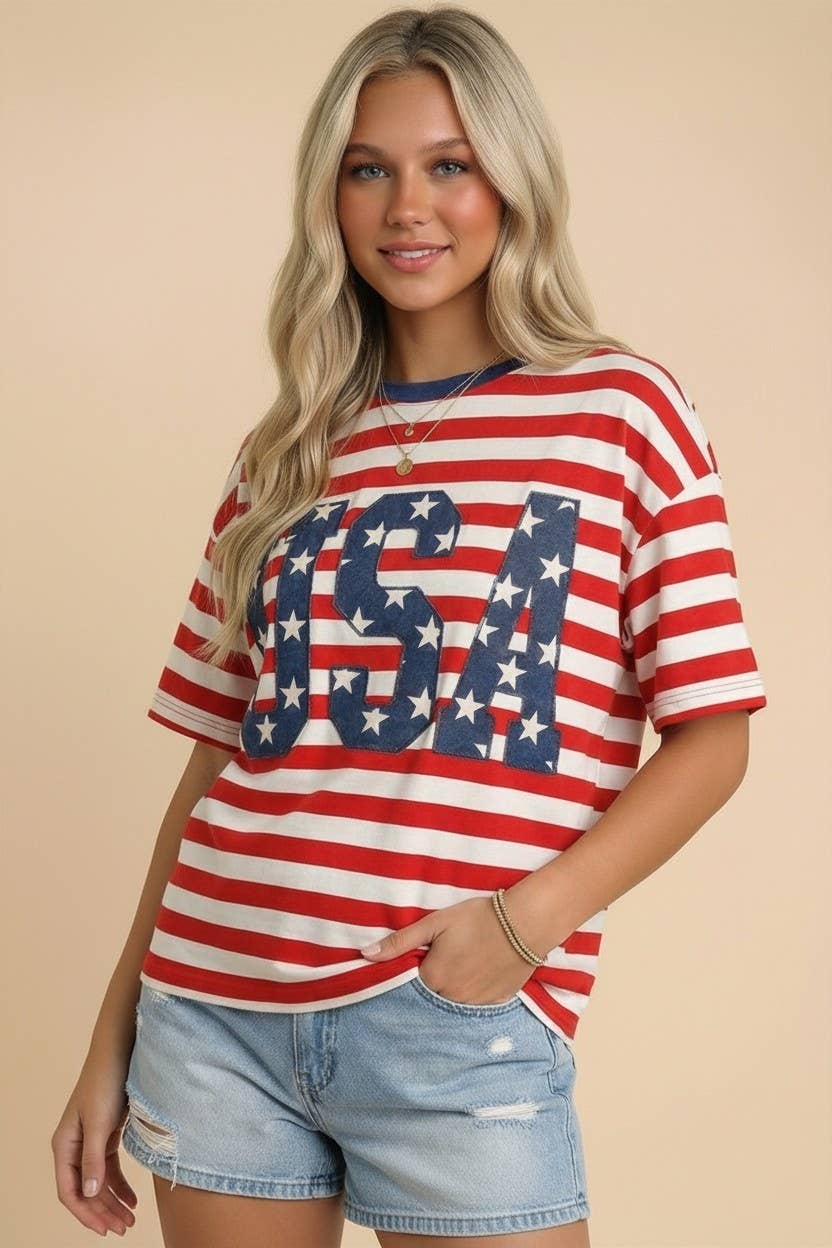 Striped USA Star Patch Letter Tee