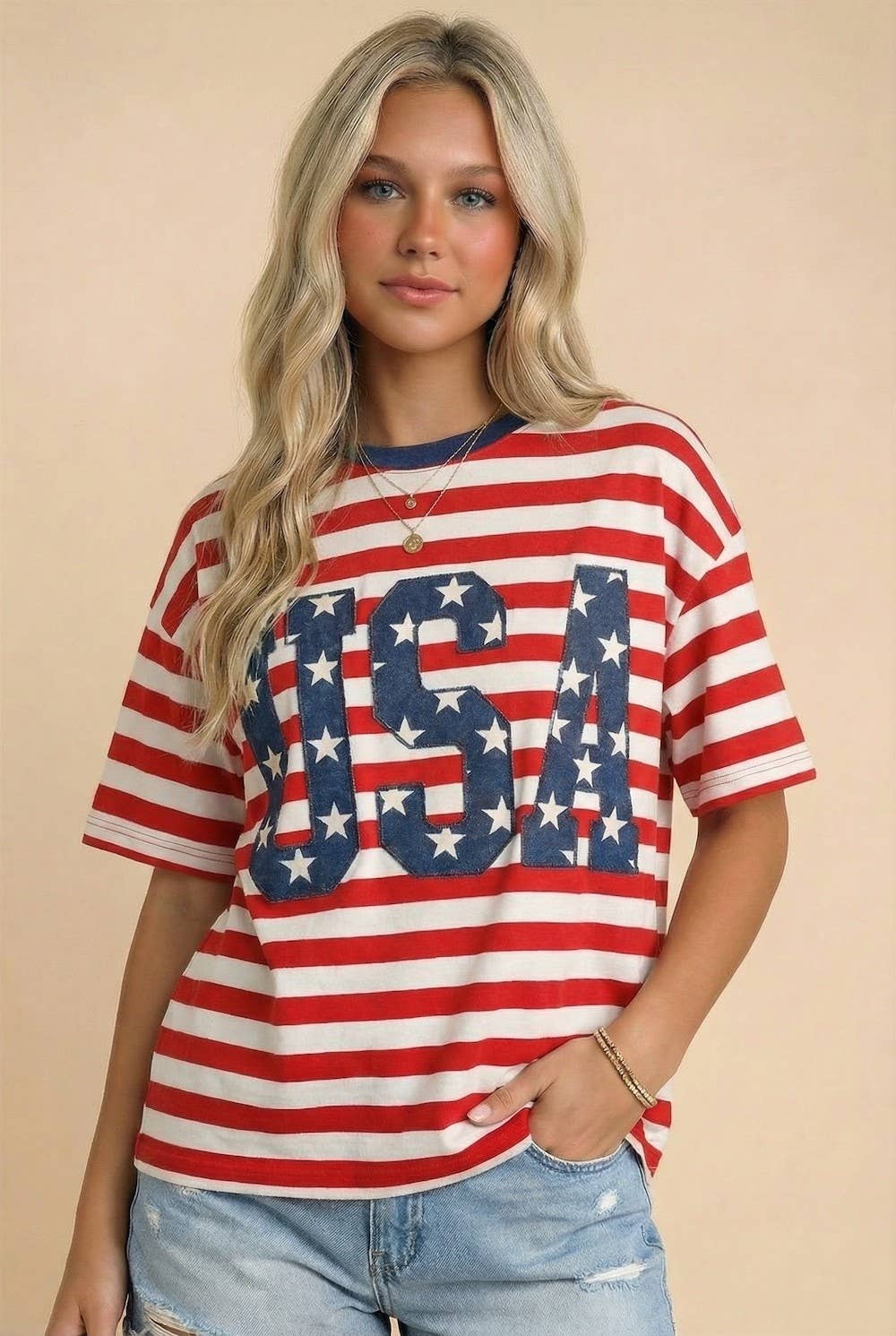 Striped USA Star Patch Letter Tee
