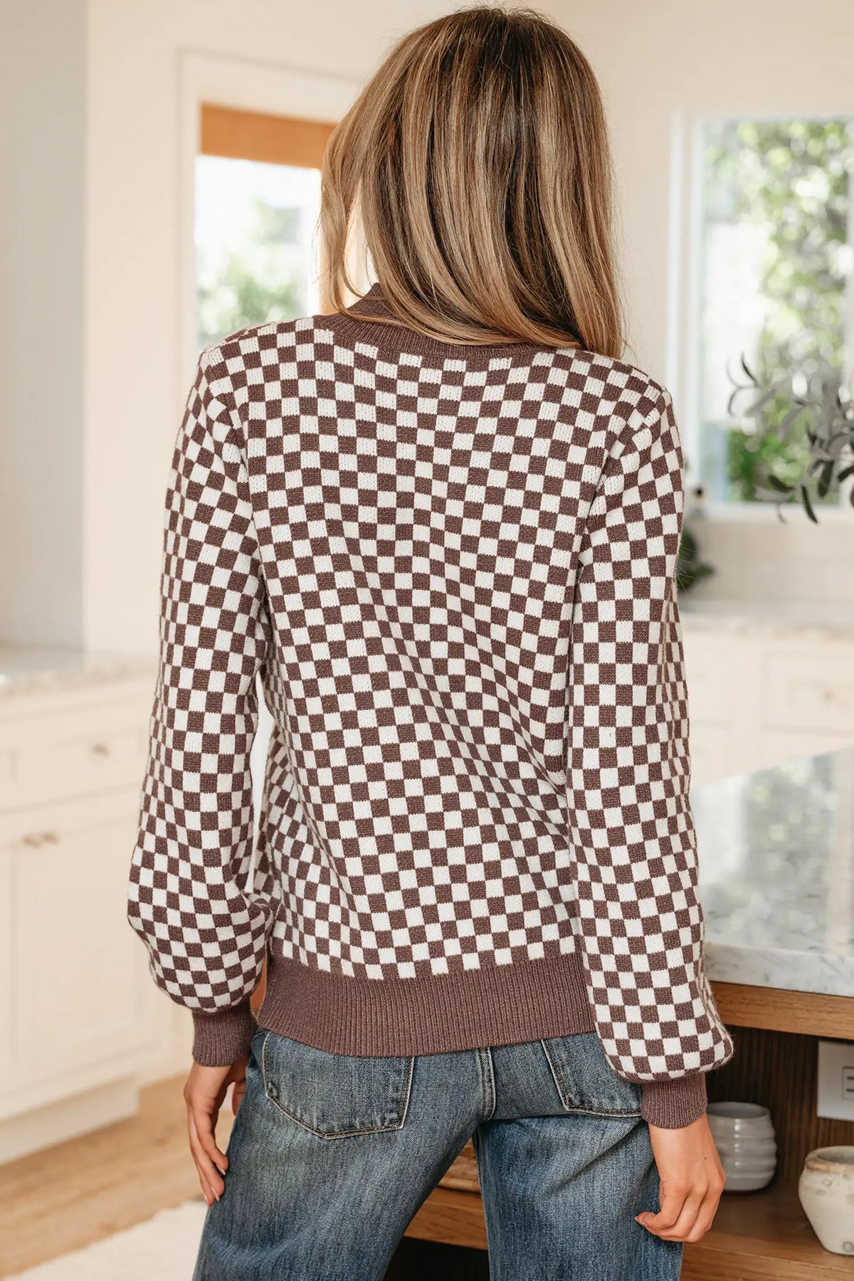 Brown Checkered Half Button Ribbed Trim Sweater