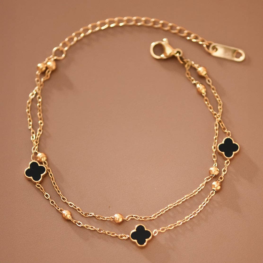 Double Chain Black Quatrefoil Clover Bracelet