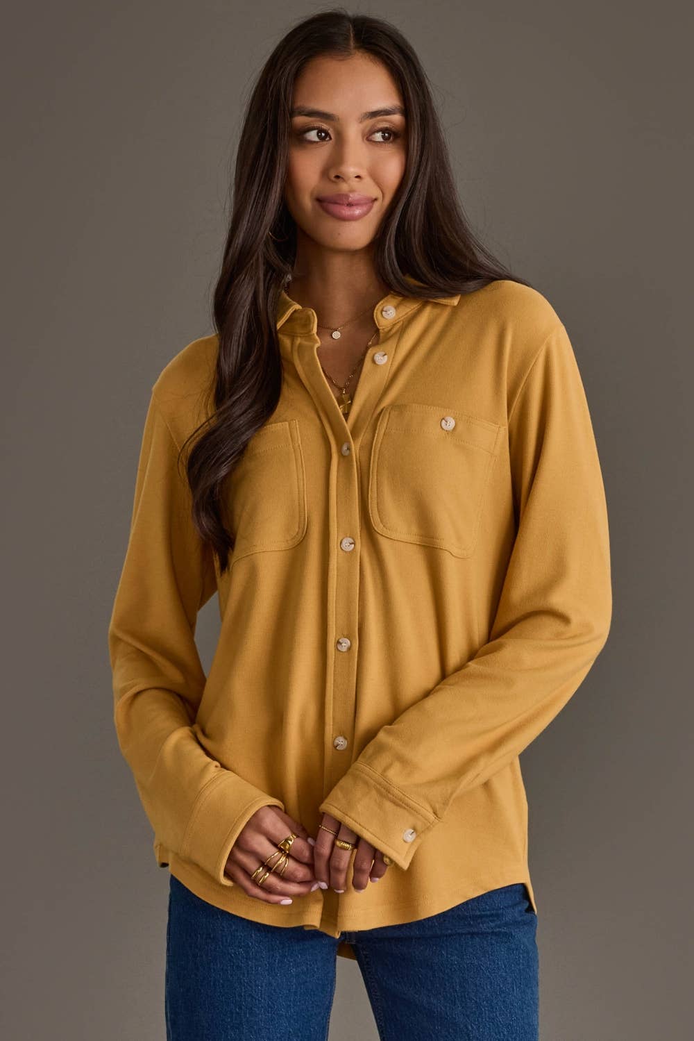 Soft Stretch Button Up, Mustard