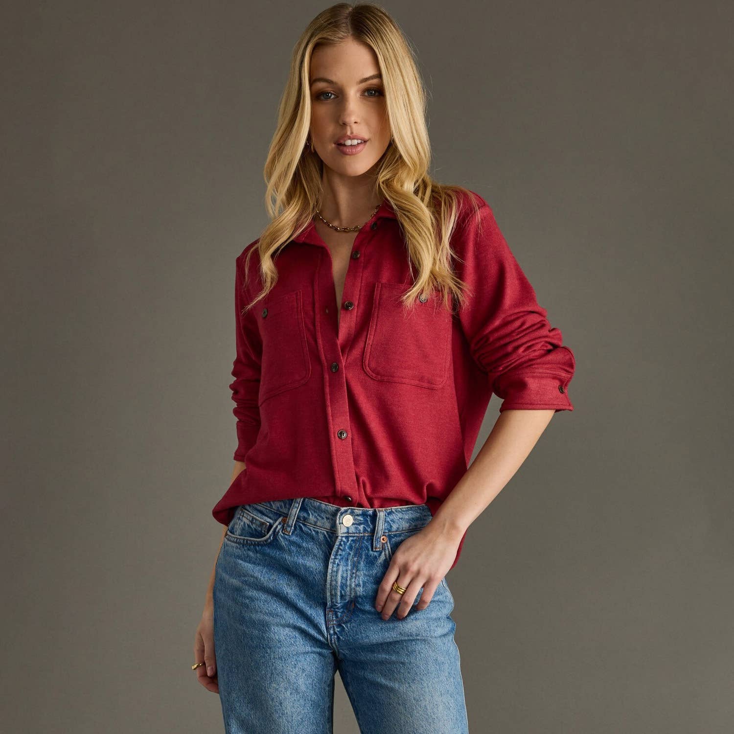 Soft Stretch Button Up, Heather Red