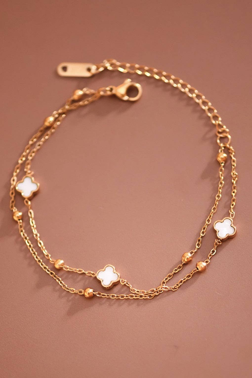 Double Chain White Pearl Quatrefoil Clover Bracelet