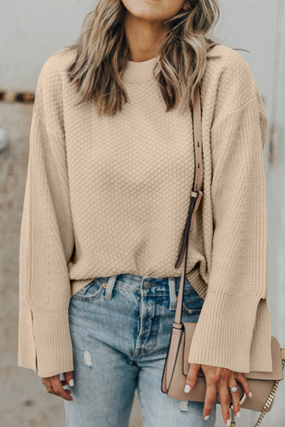 Tan Waffle Split Cuff Long Sleeve Sweater | The Tinsel Thread