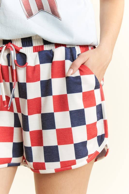 Red White and Blue Checkered Casual Shorts