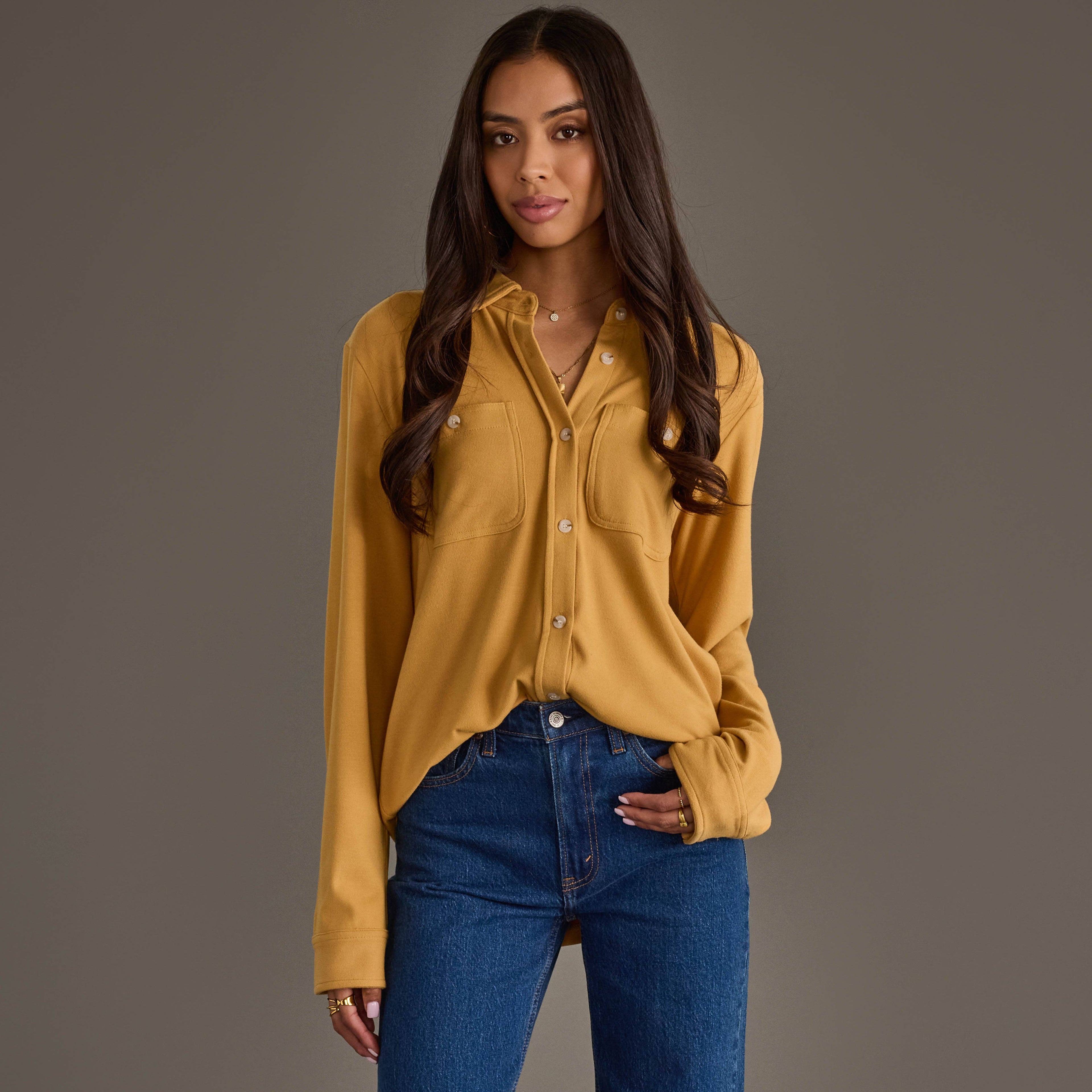Soft Stretch Button Up, Mustard