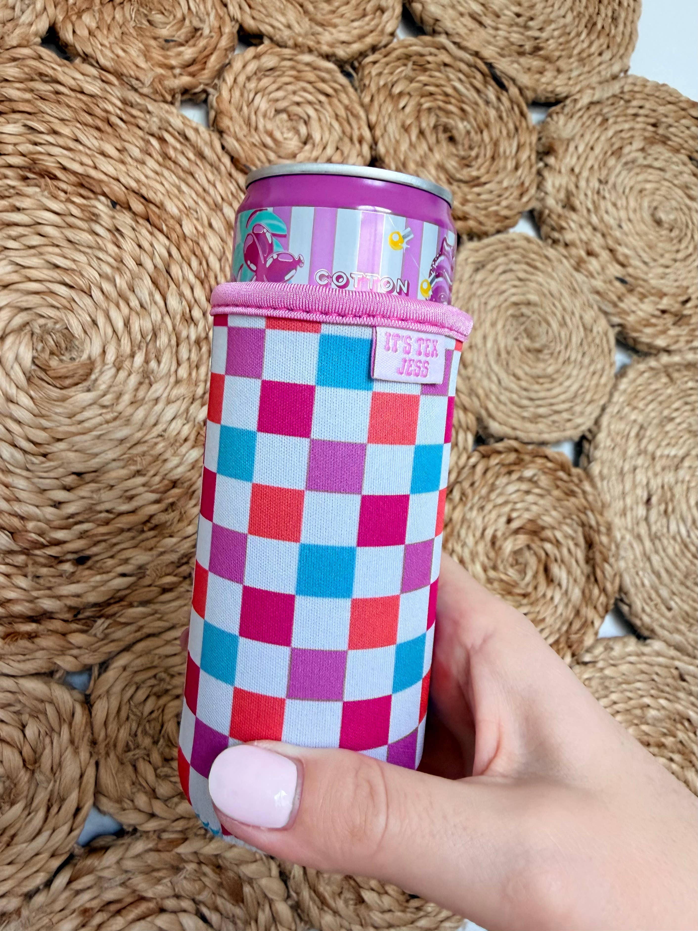 Slim Can Koozie Colorful Checkered