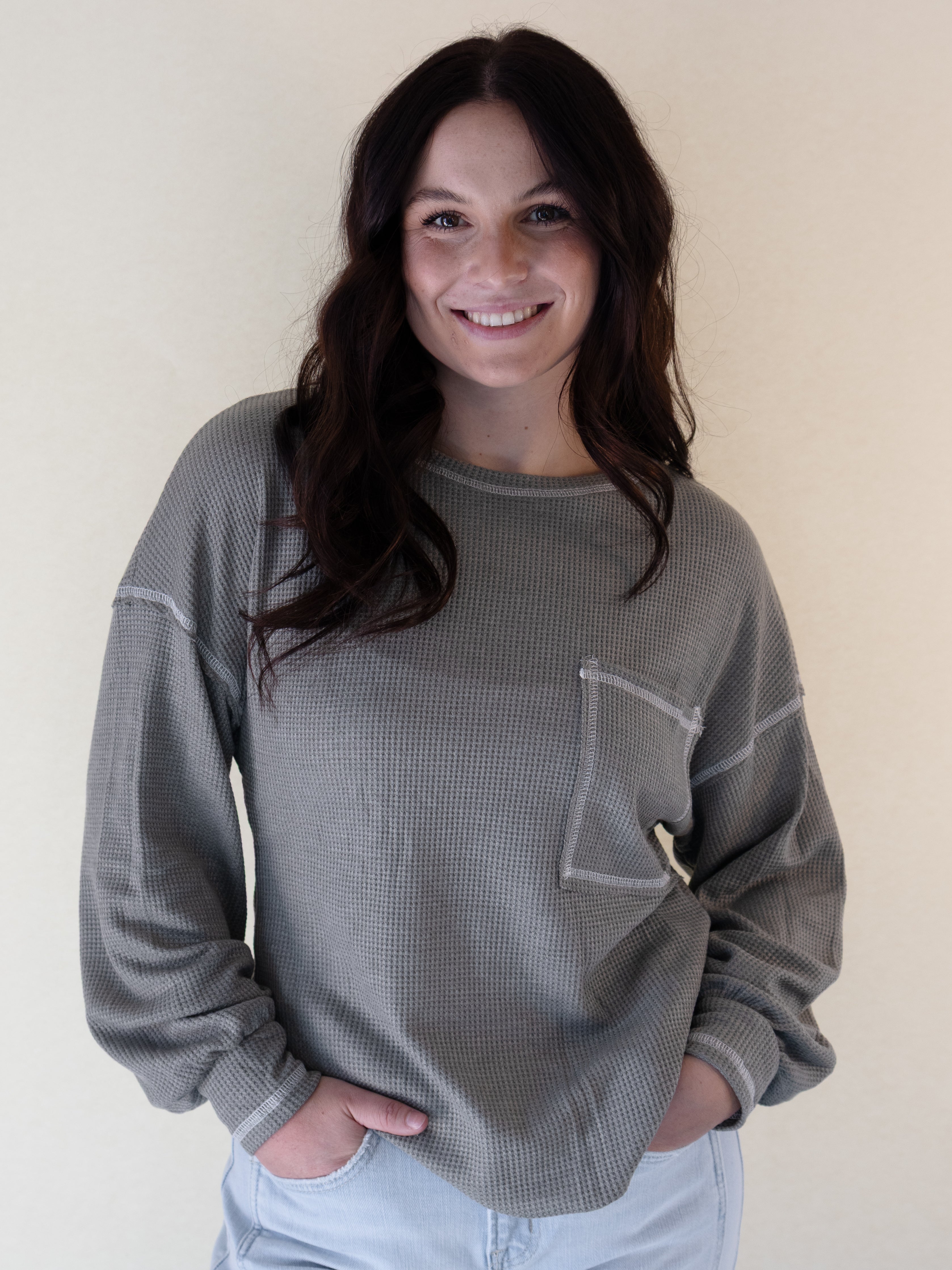 Muted Moss Green Waffle Long Sleeve Knit Top