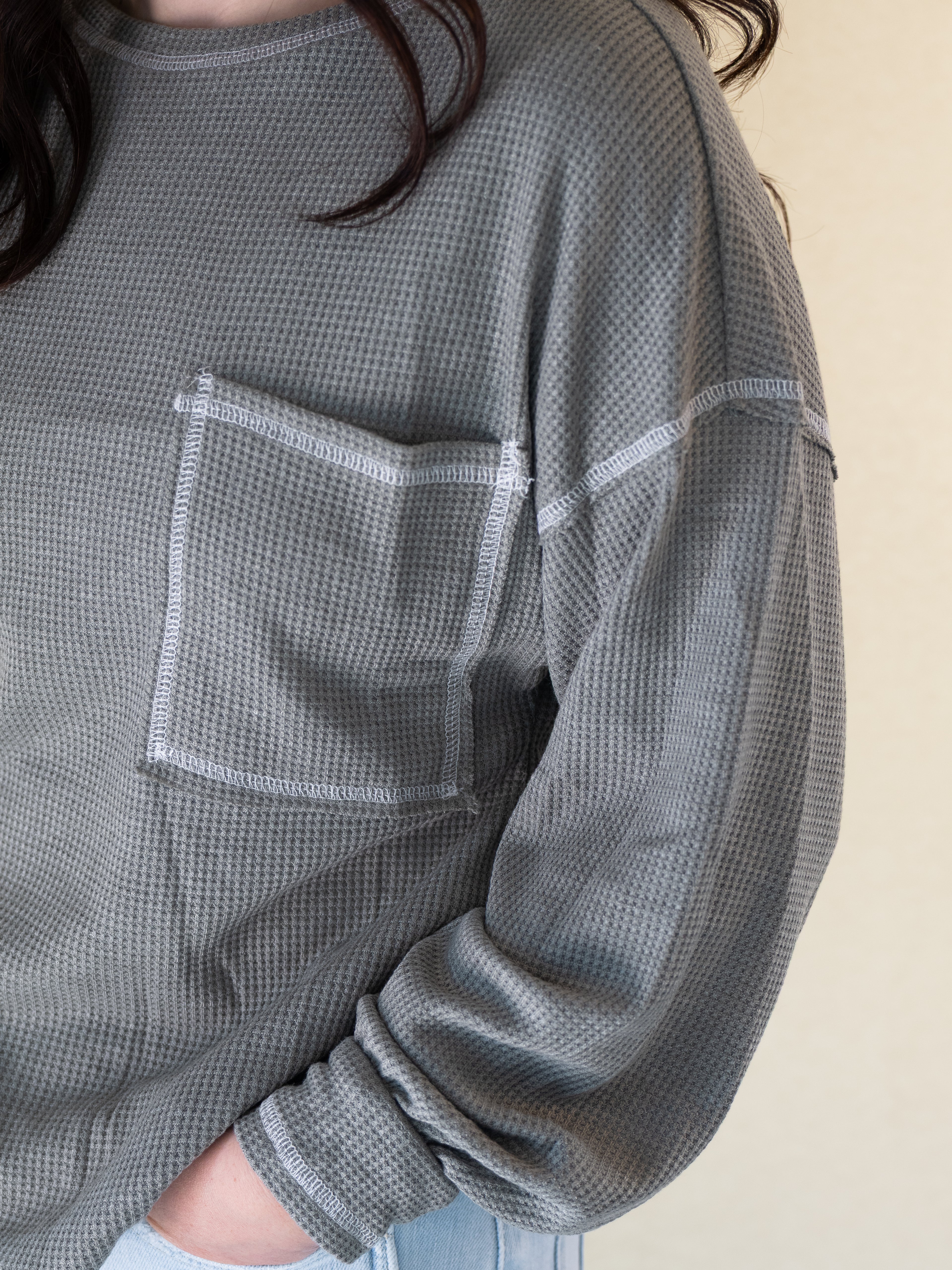 Muted Moss Green Waffle Long Sleeve Knit Top