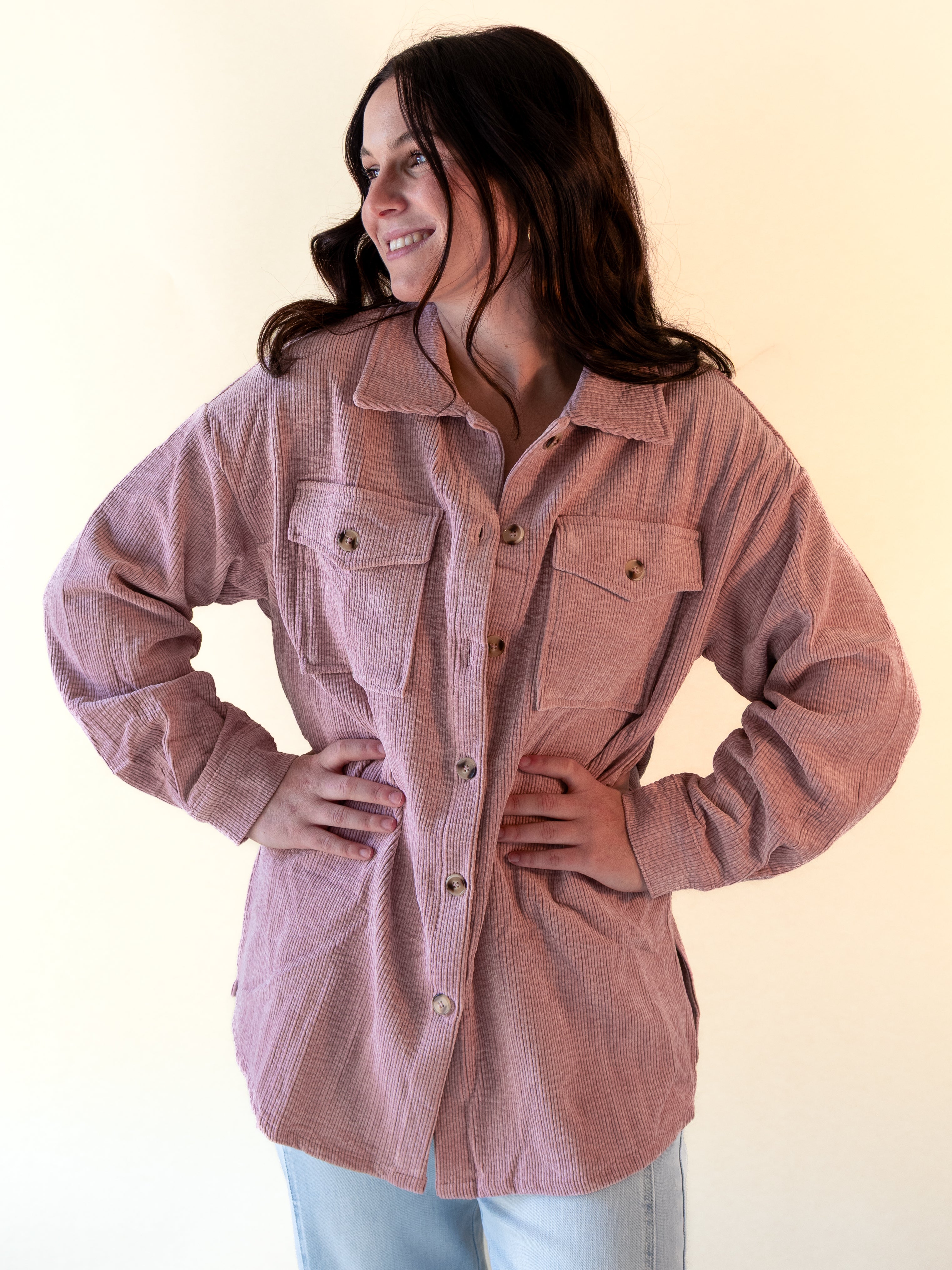 Cozy Cord Utility Shacket, Dusty Rose