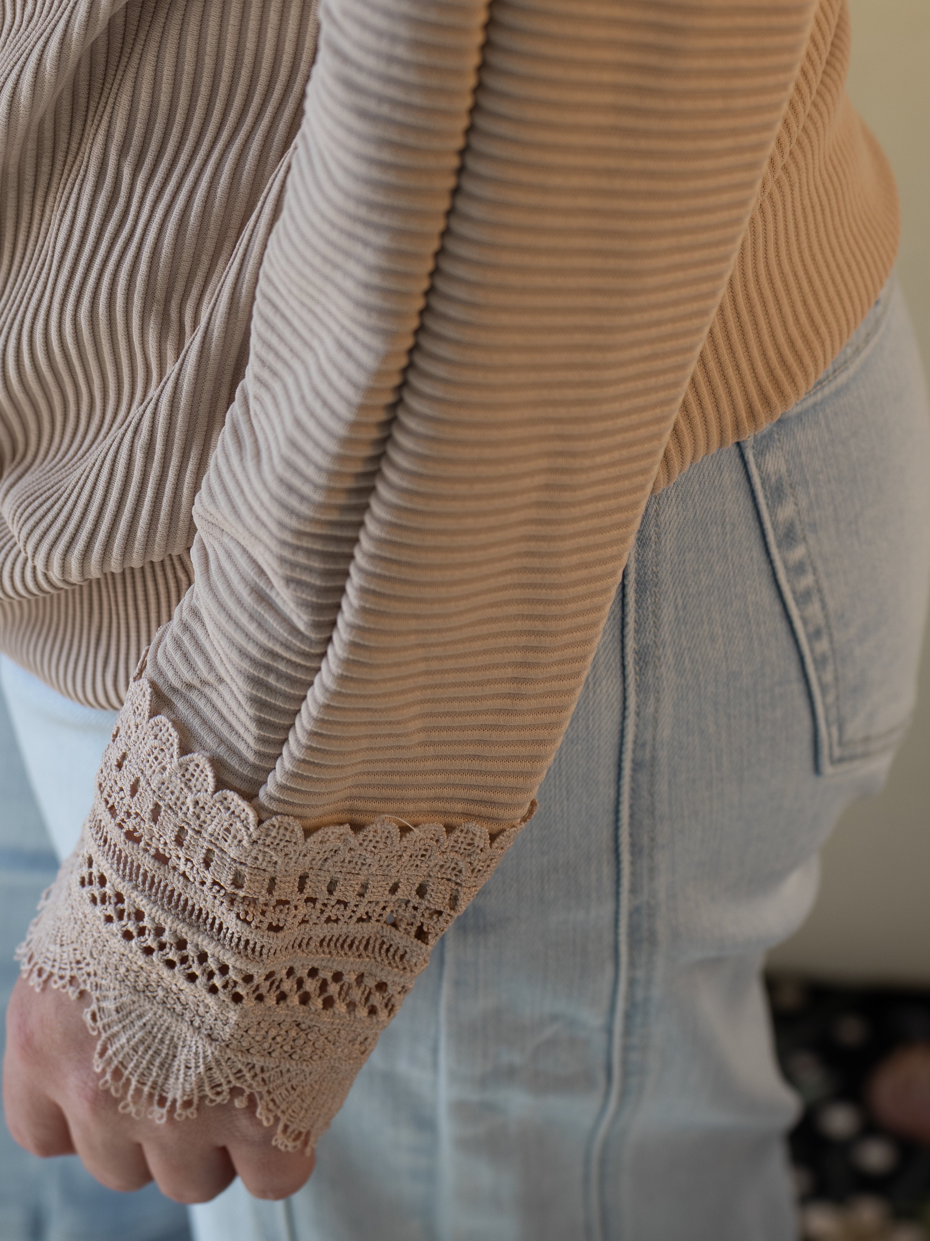 Solid Lace Trim V Neck Long Sleeve Top | The Tinsel Thread