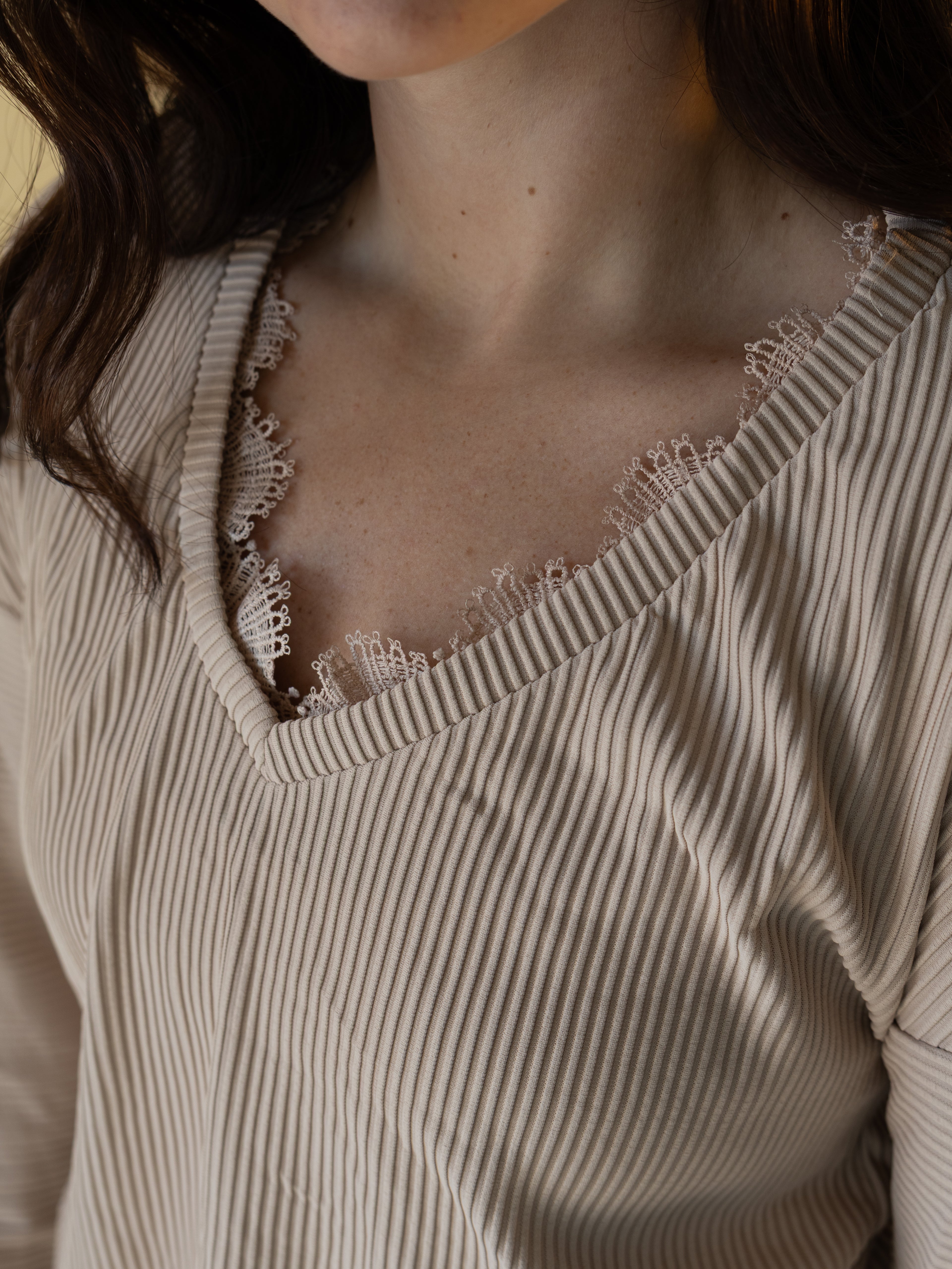 Solid Lace Trim V Neck Long Sleeve Top | The Tinsel Thread