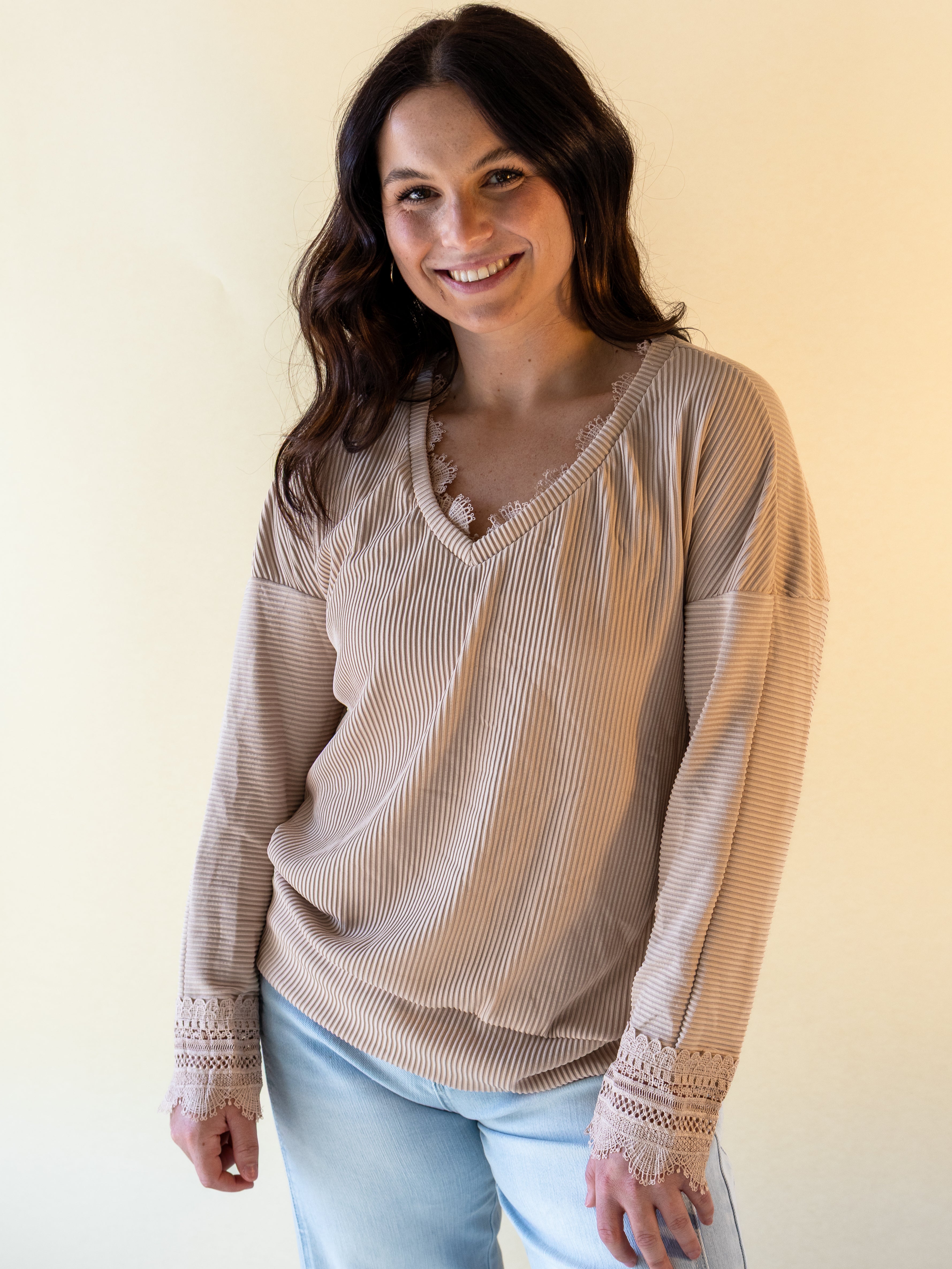Solid Lace Trim V Neck Long Sleeve Top | The Tinsel Thread