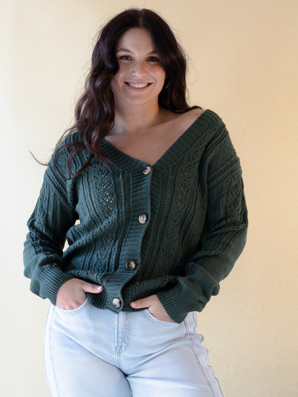 Green Hollowed Knit Button Up Sweater Cardigan | The Tinsel Thread
