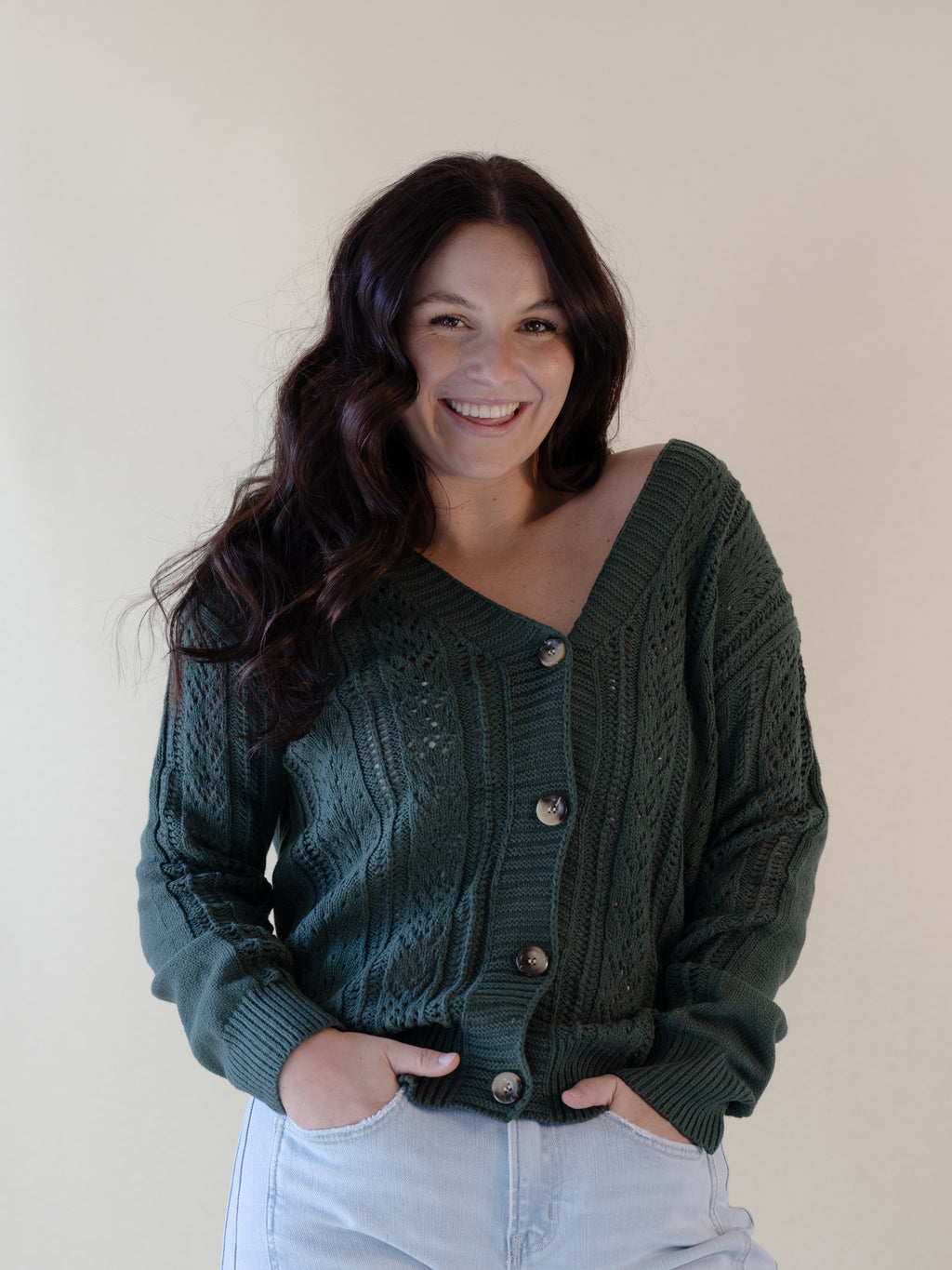 Green Hollowed Knit Button Up Sweater Cardigan | The Tinsel Thread
