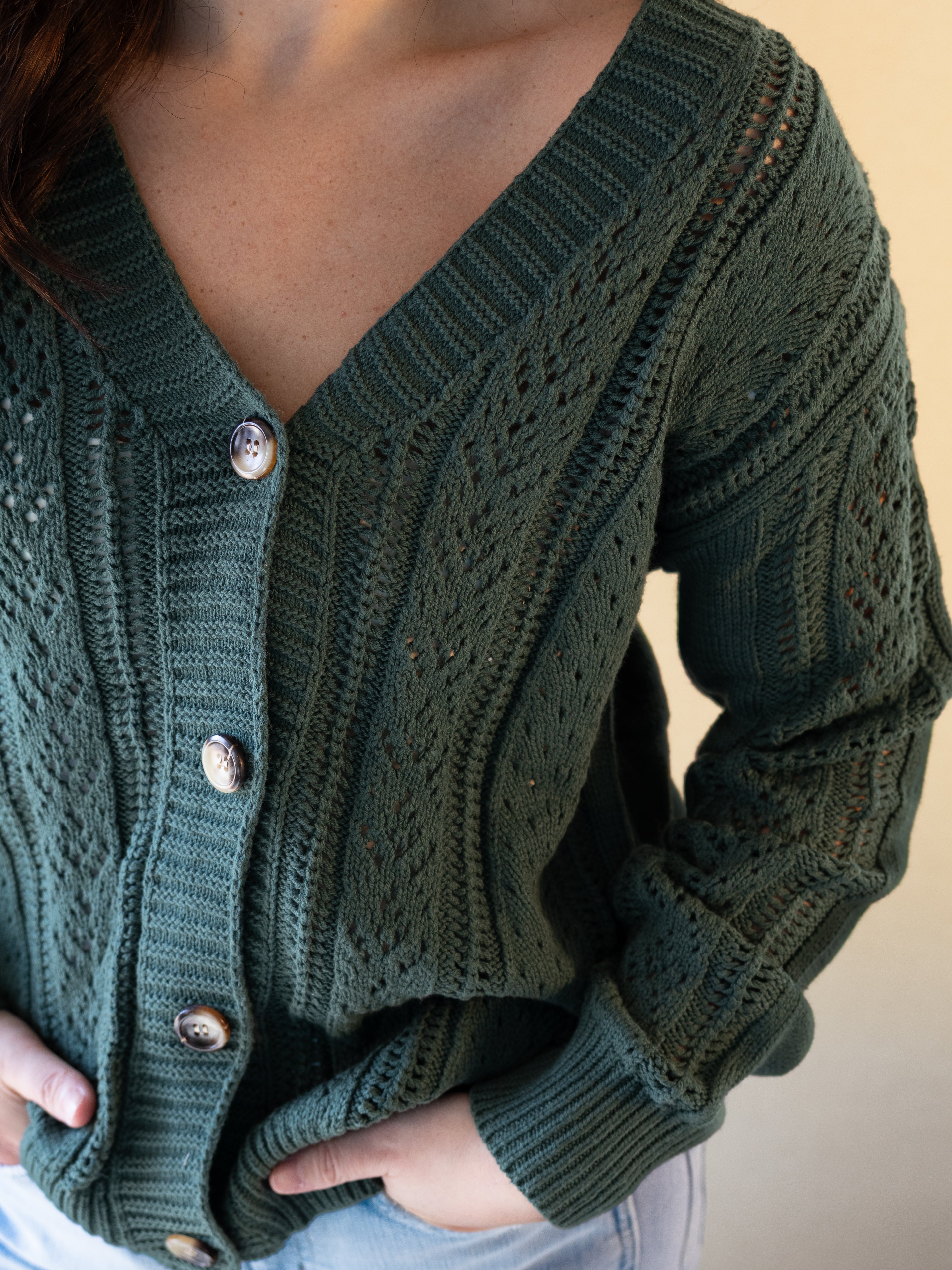 Green Hollowed Knit Button Up Sweater Cardigan | The Tinsel Thread