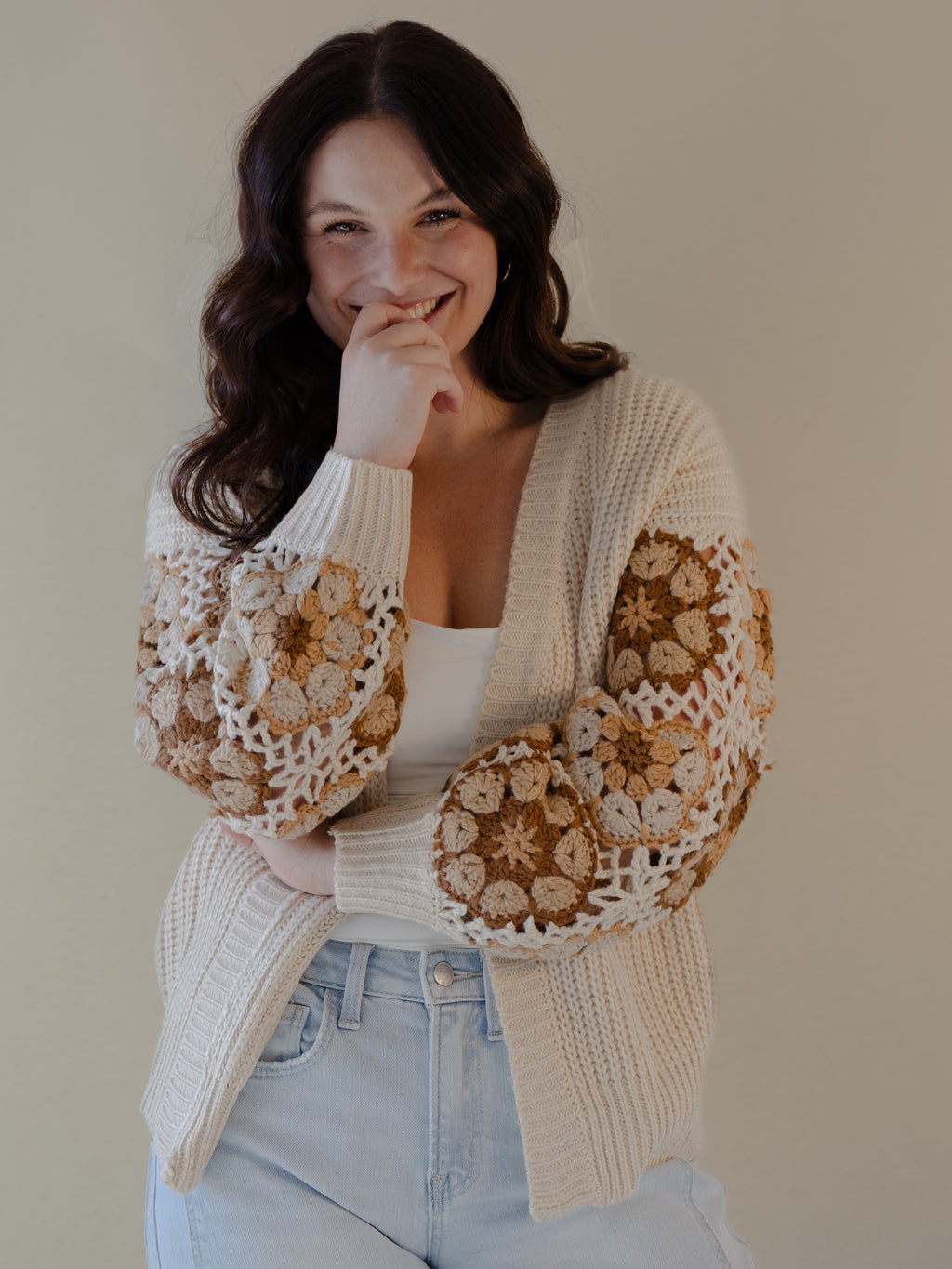 Crochet Floral Sleeve Sweater Cardigan