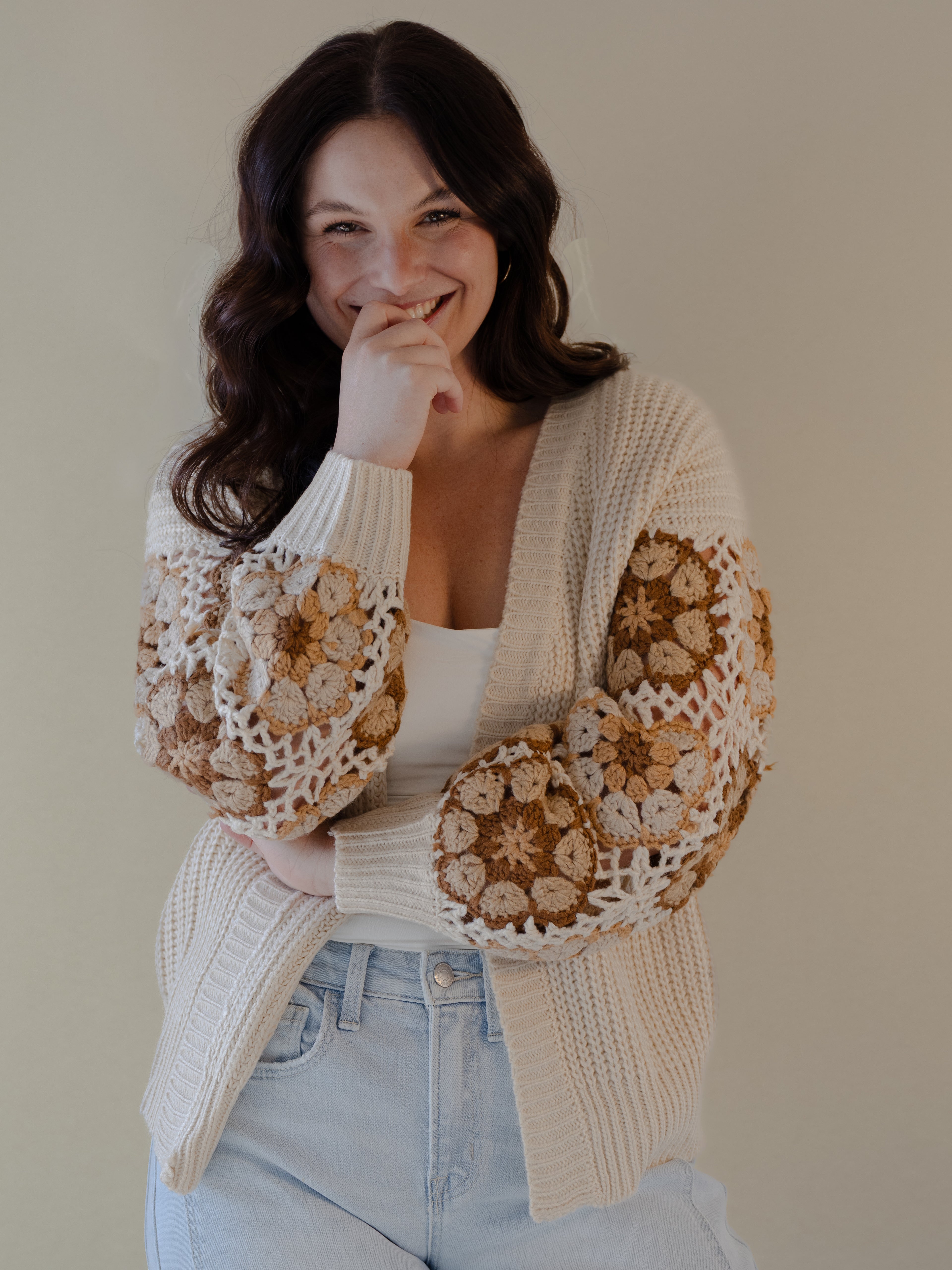 Crochet Floral Sleeve Sweater Cardigan