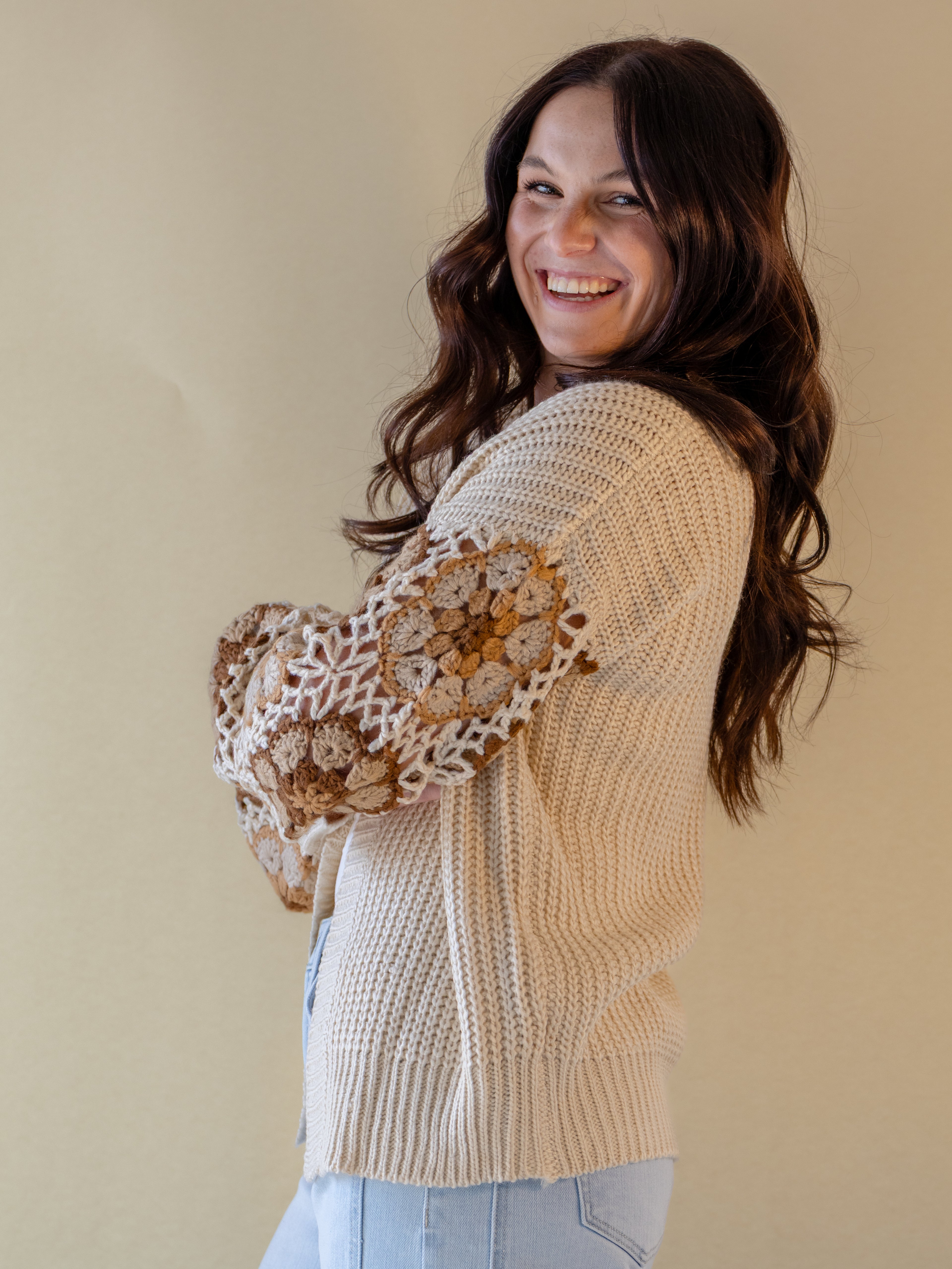 Crochet Floral Sleeve Sweater Cardigan