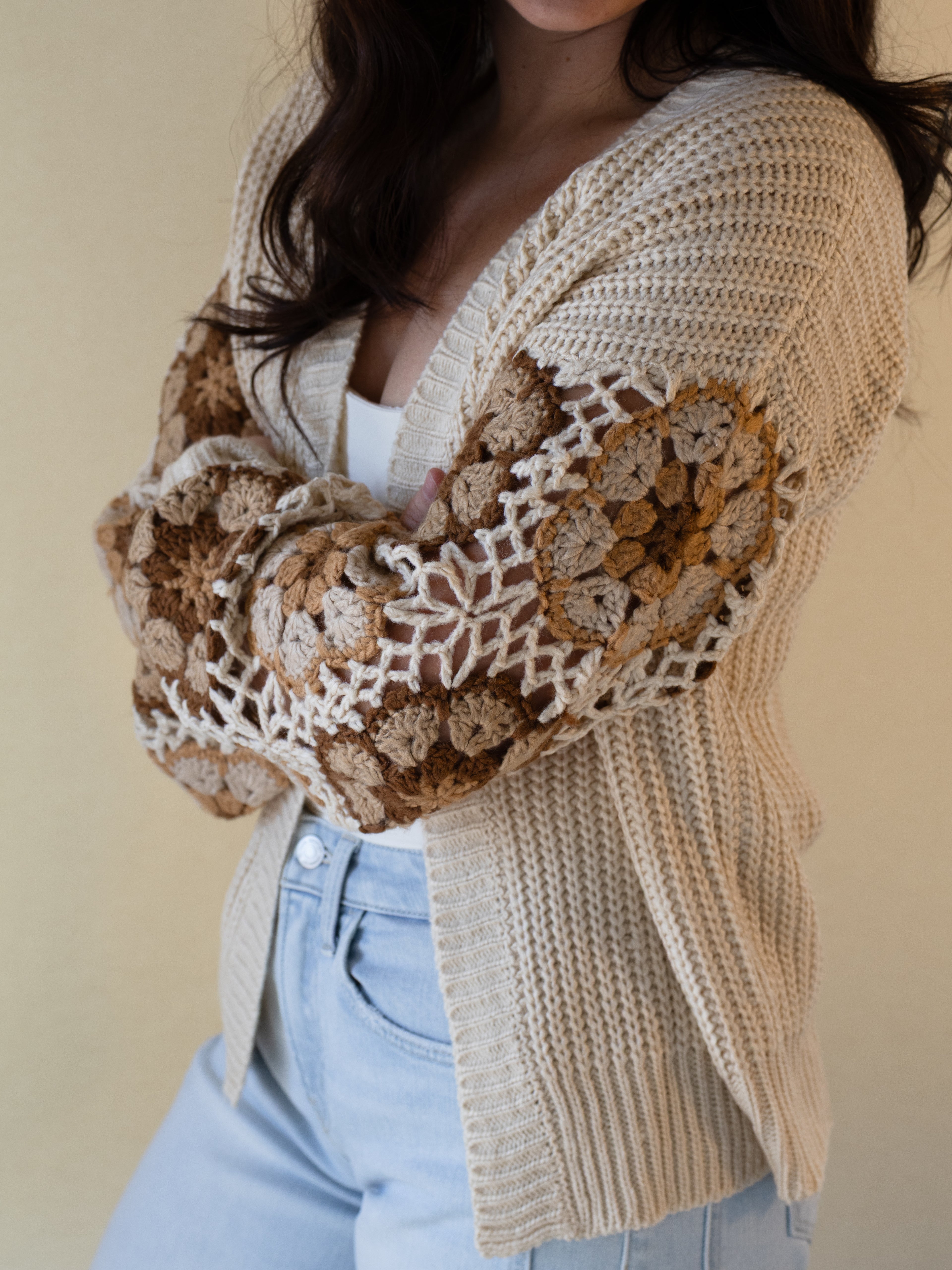 Crochet Floral Sleeve Sweater Cardigan