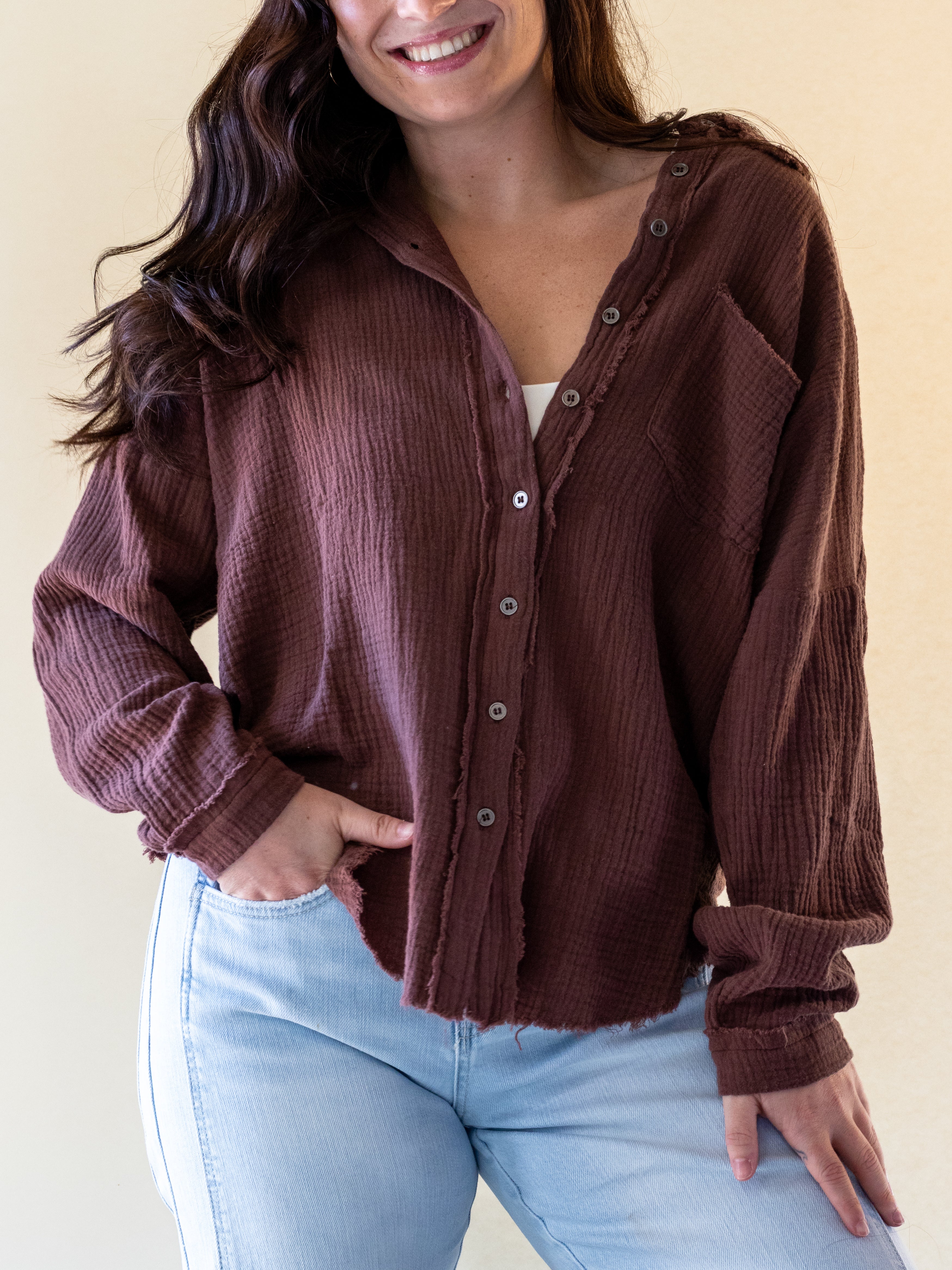 Desert Dreamer Gauze Button Down, Chocolate