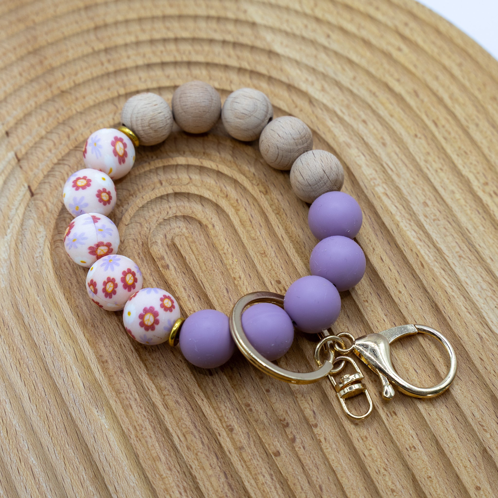Printed Retro Floral Silicone Beaded Keychain Bracelet
