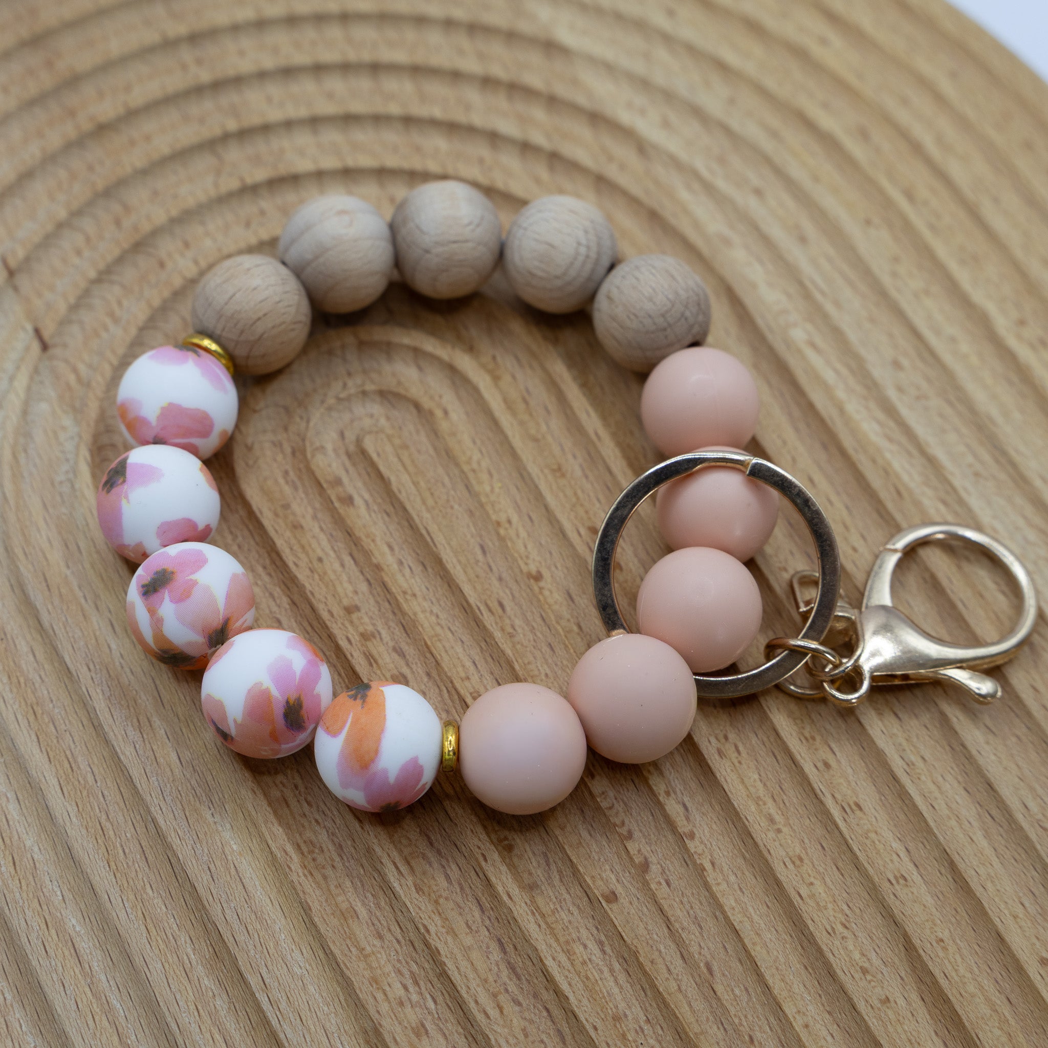 Printed Watercolor Floral Silicone Beaded Keychain Bracelet