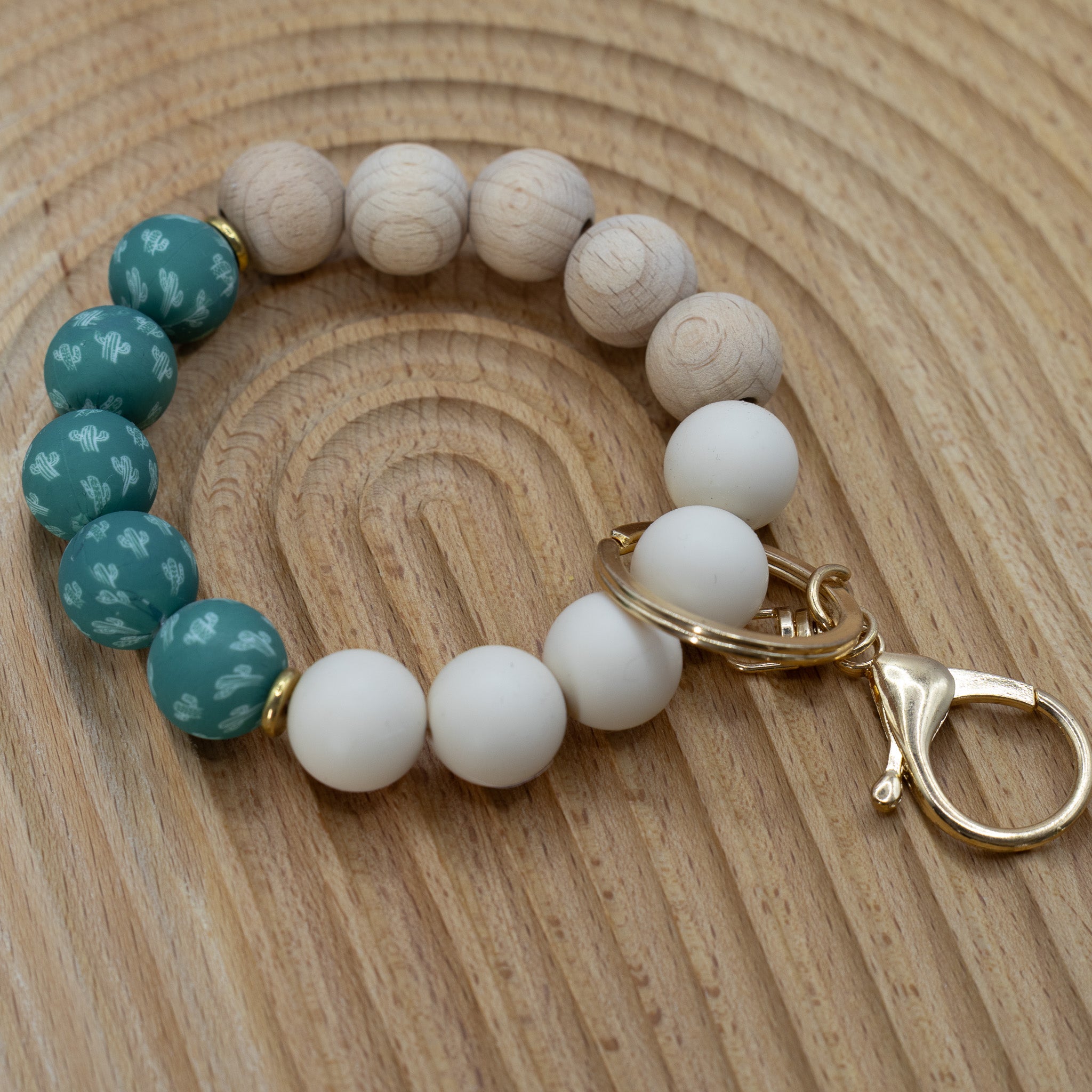 Printed Cactus Silicone Beaded Keychain Bracelet