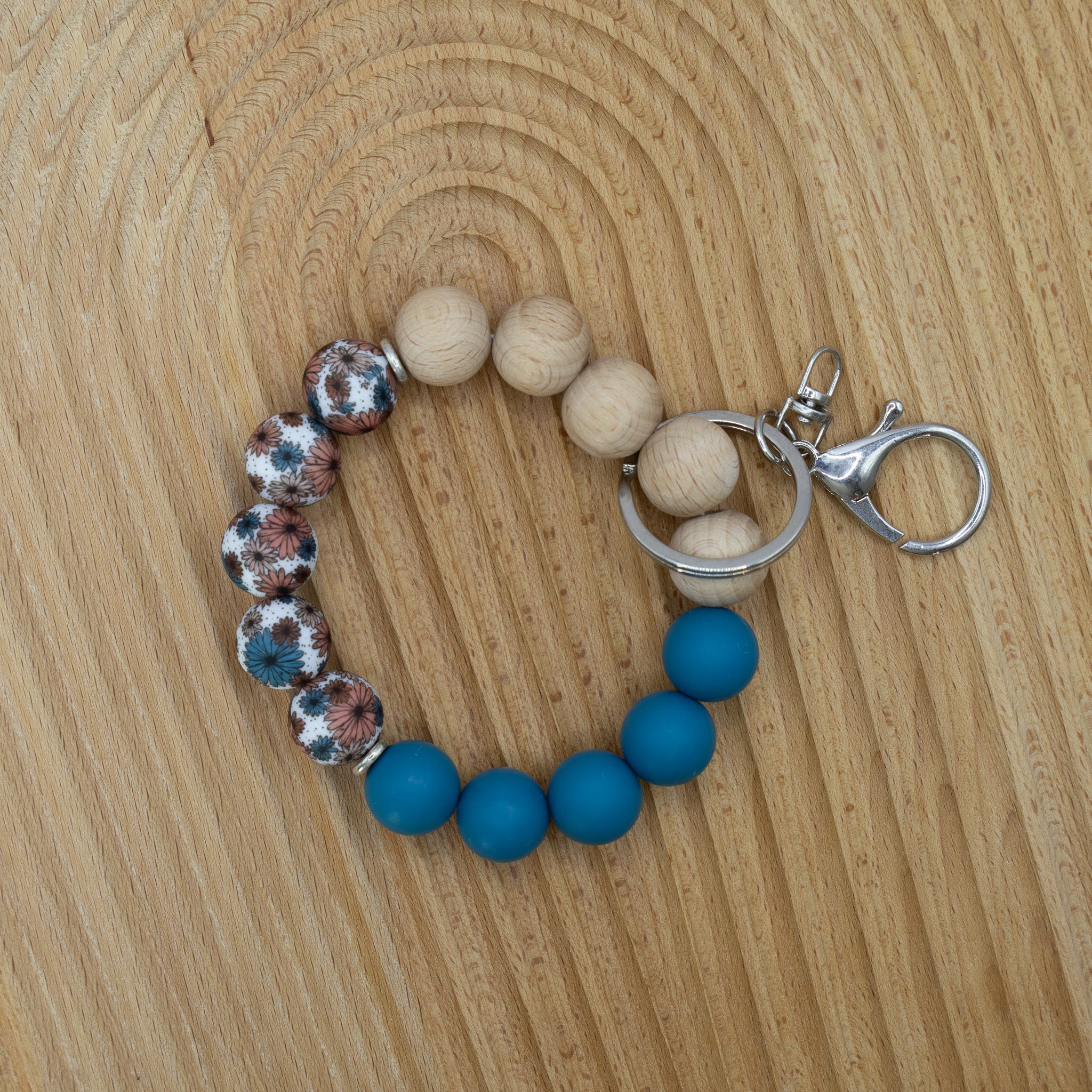 Printed Daisy Silicone Beaded Keychain Bracelet