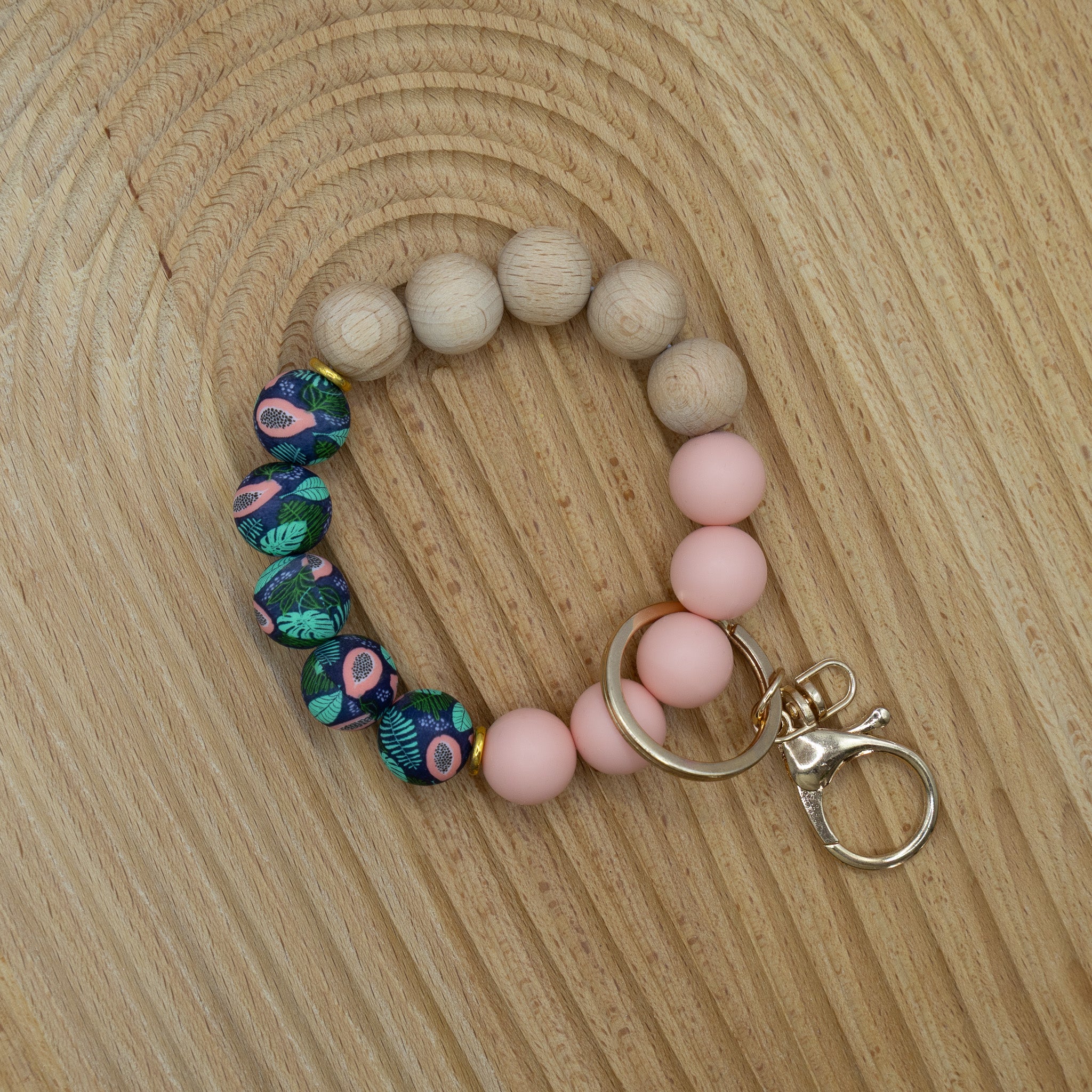 Printed Papaya Silicone Beaded Keychain Bracelet