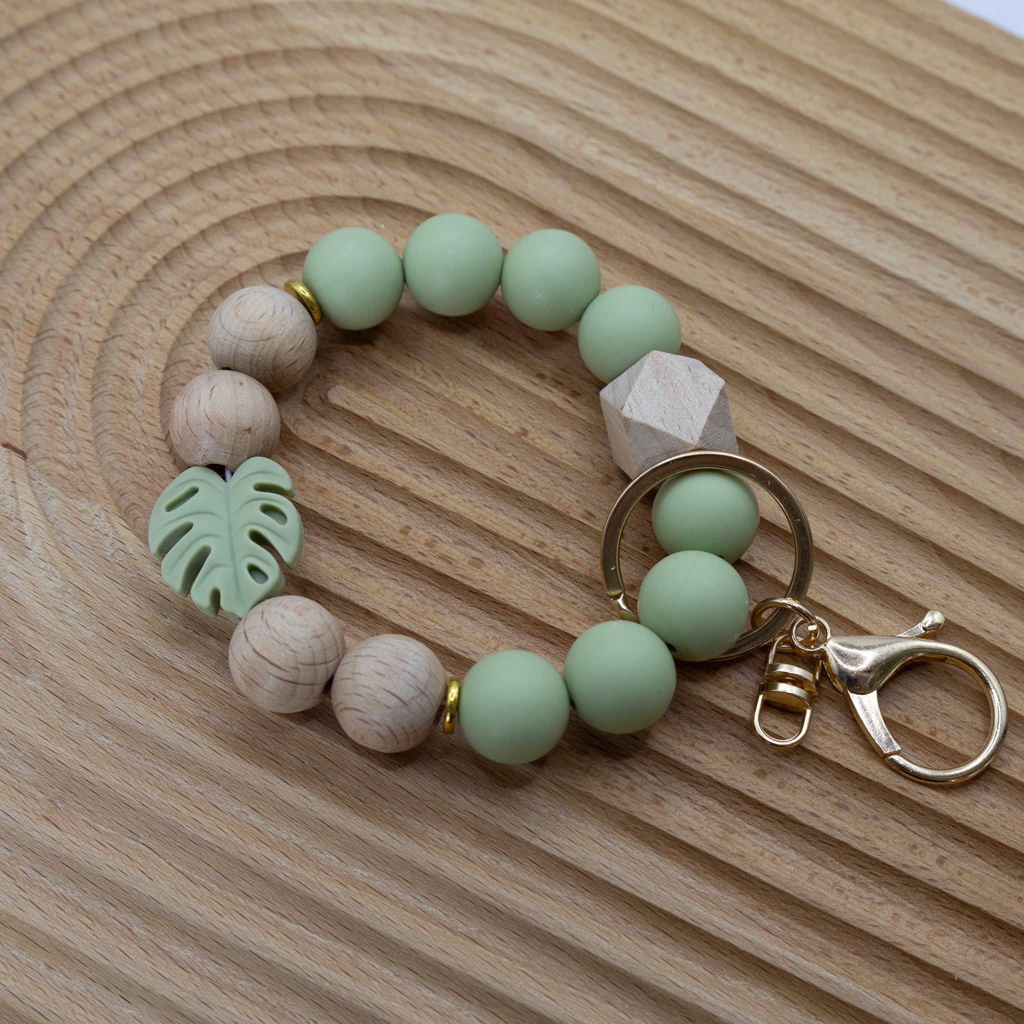 Sage Monstera Silicone Beaded Keychain Bracelet