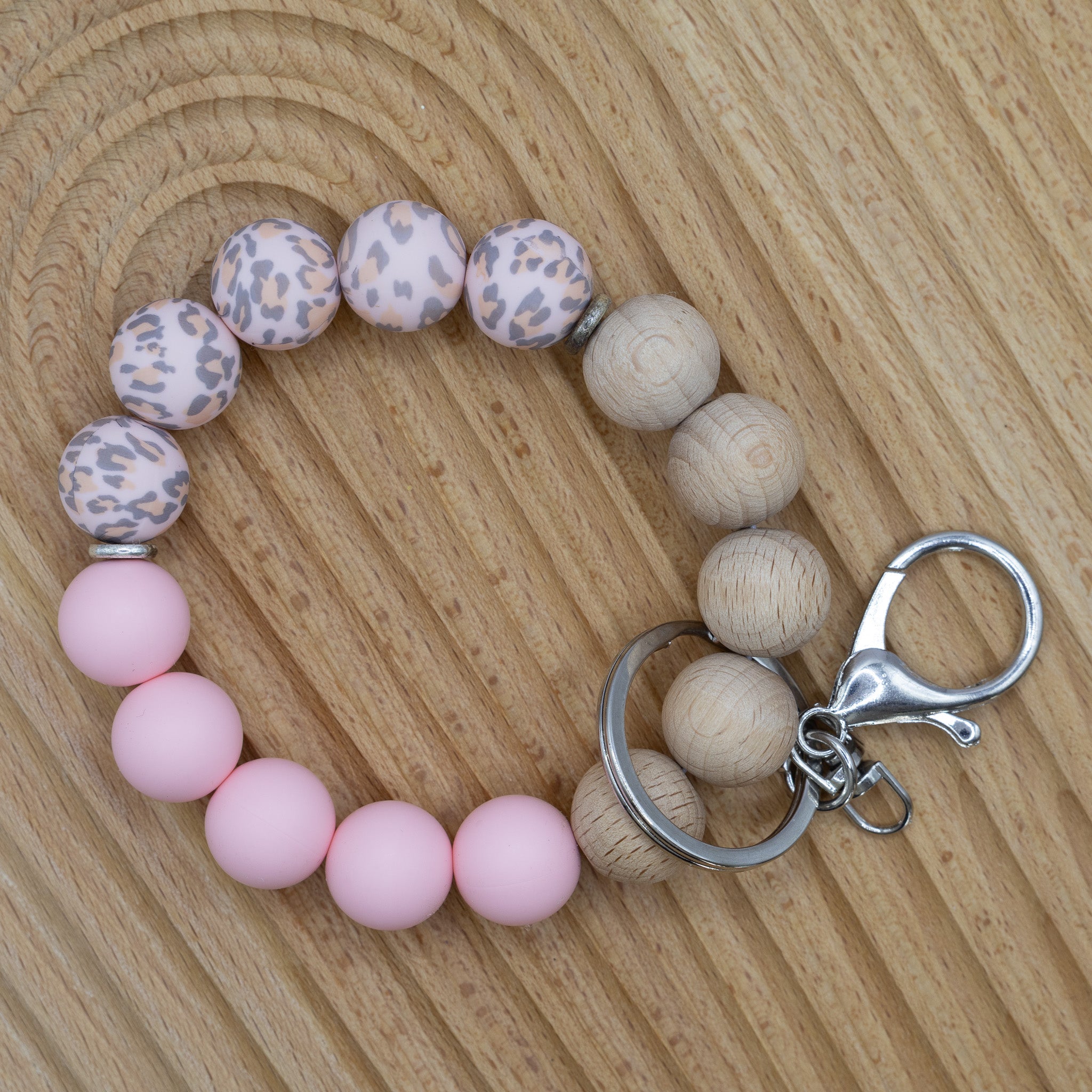 Printed Pink Leopard Silicone Beaded Keychain Bracelet
