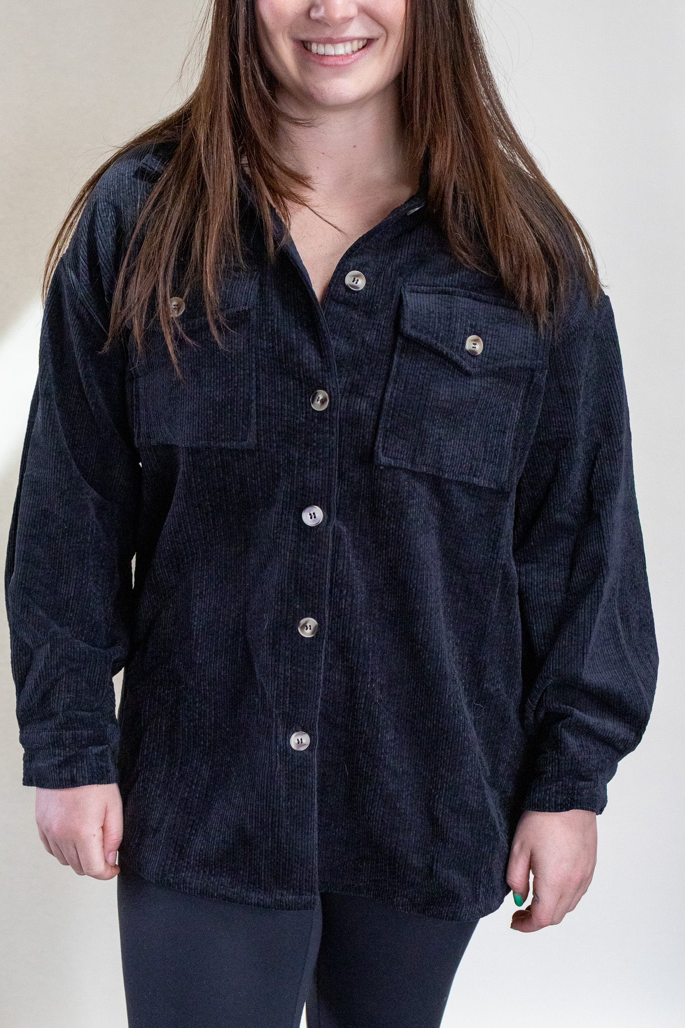 Cozy Cord Utility Shacket, Black