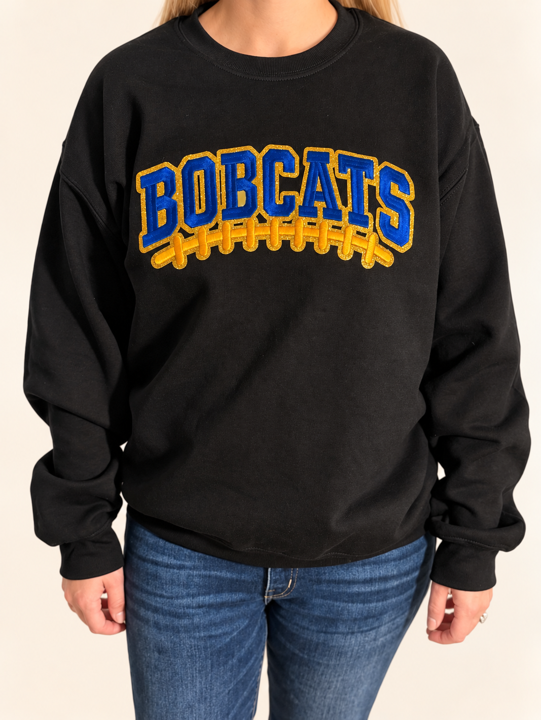 Adult- Benton Bobcats Glitter Patch Crewneck, Multiple Colors