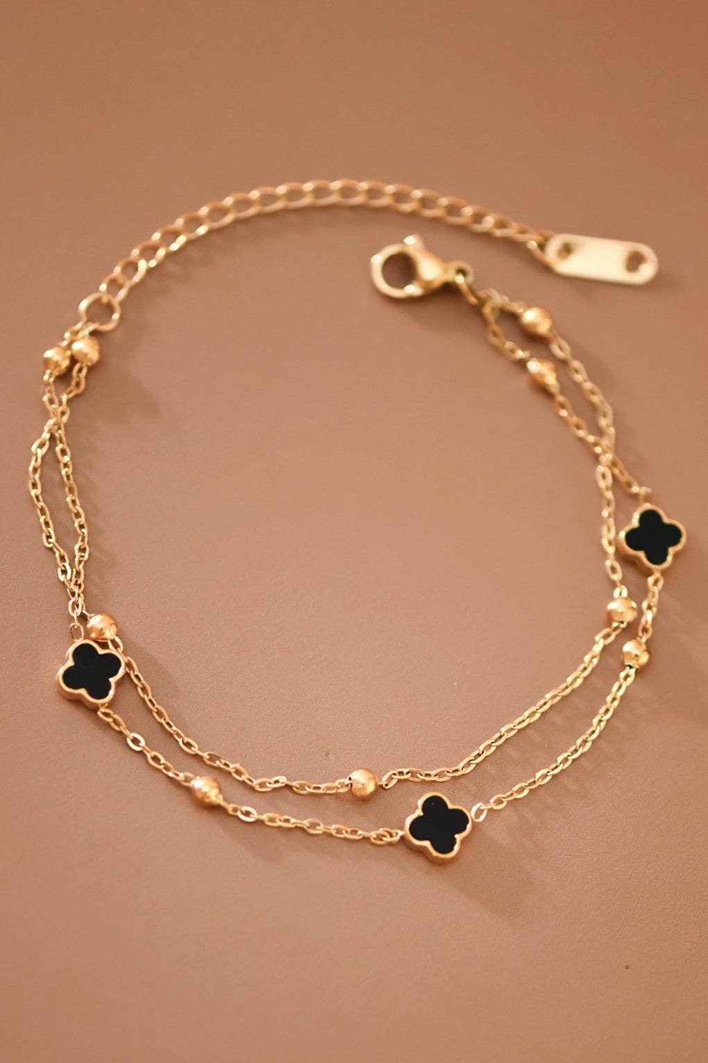 Double Chain Black Quatrefoil Clover Bracelet