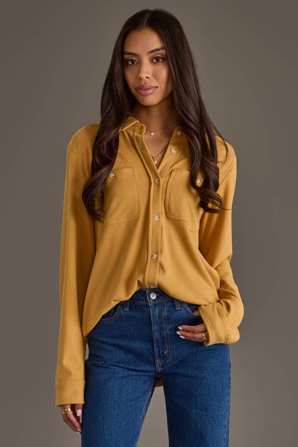 Soft Stretch Button Up, Mustard