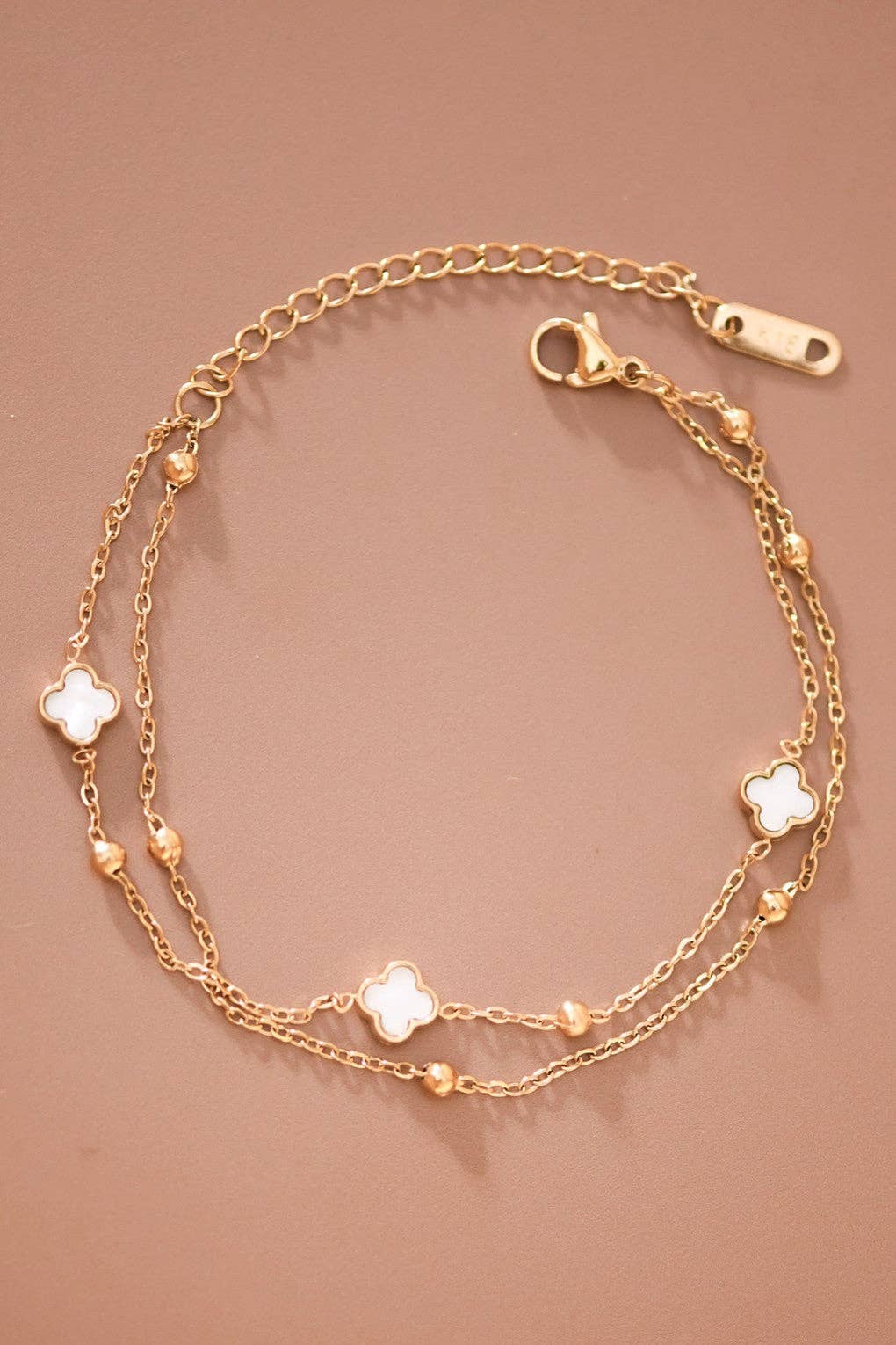 Double Chain White Pearl Quatrefoil Clover Bracelet