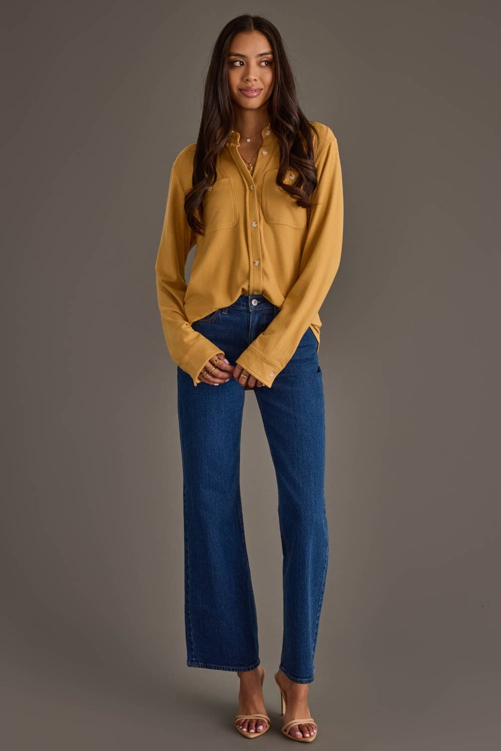 Soft Stretch Button Up, Mustard