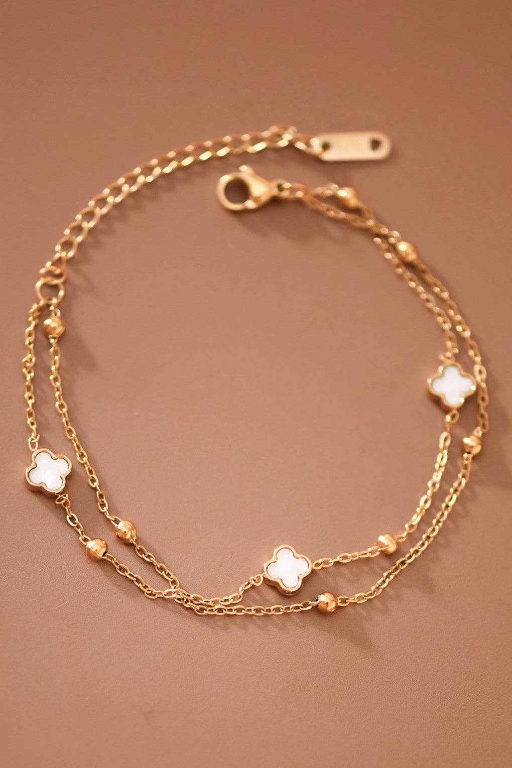 Double Chain White Pearl Quatrefoil Clover Bracelet