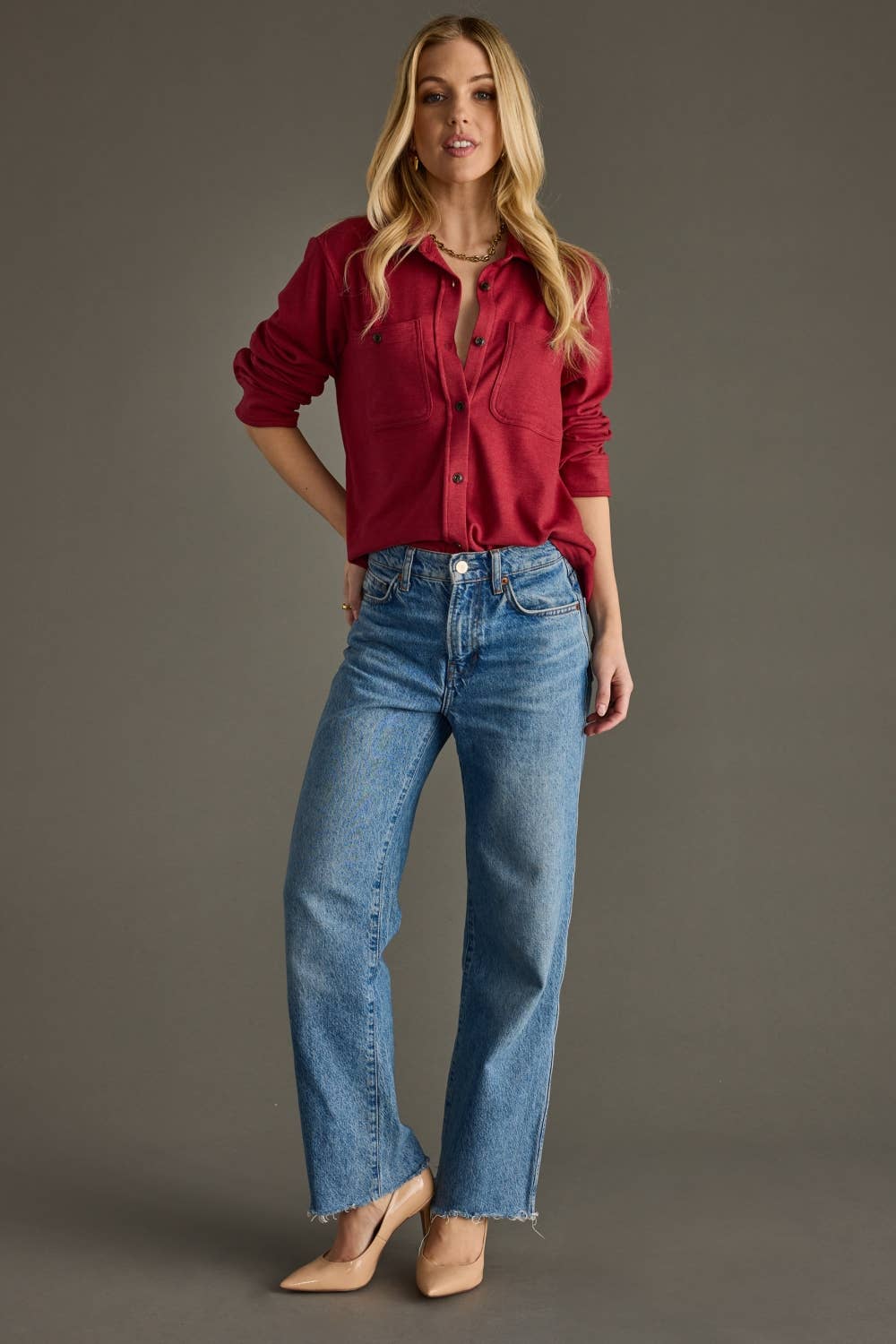 Soft Stretch Button Up, Heather Red