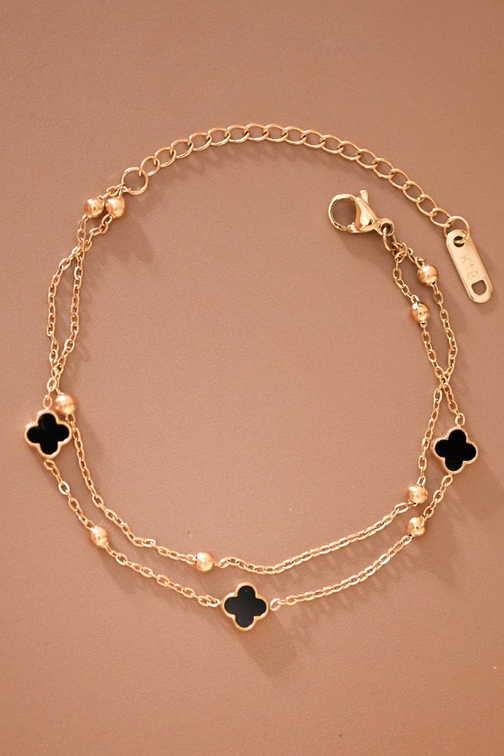 Double Chain Black Quatrefoil Clover Bracelet