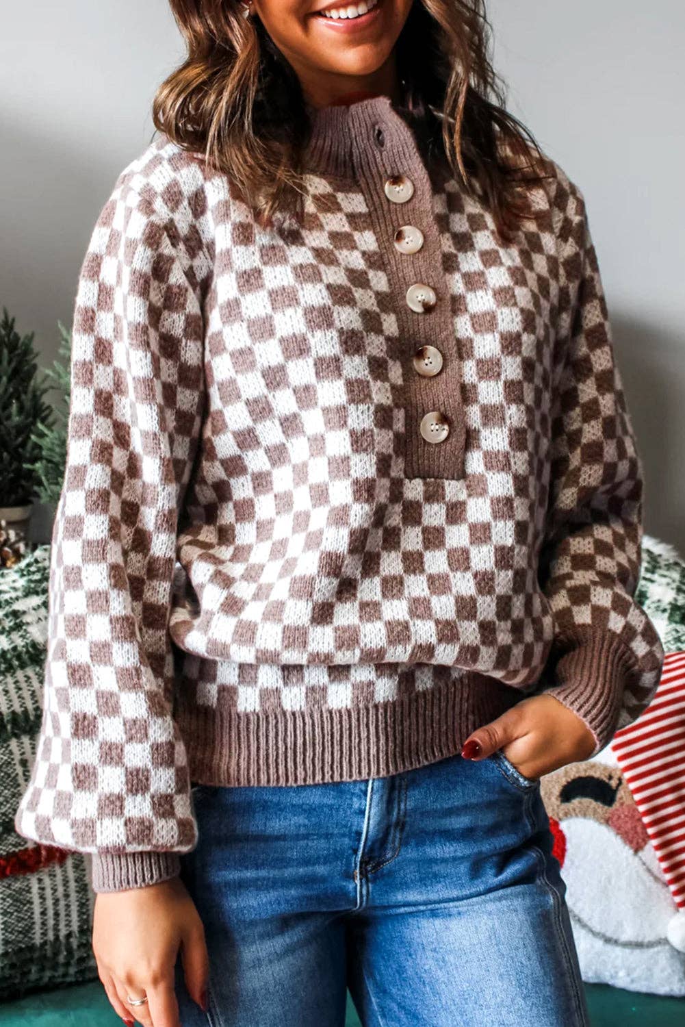 Brown Checkered Half Button Ribbed Trim Sweater