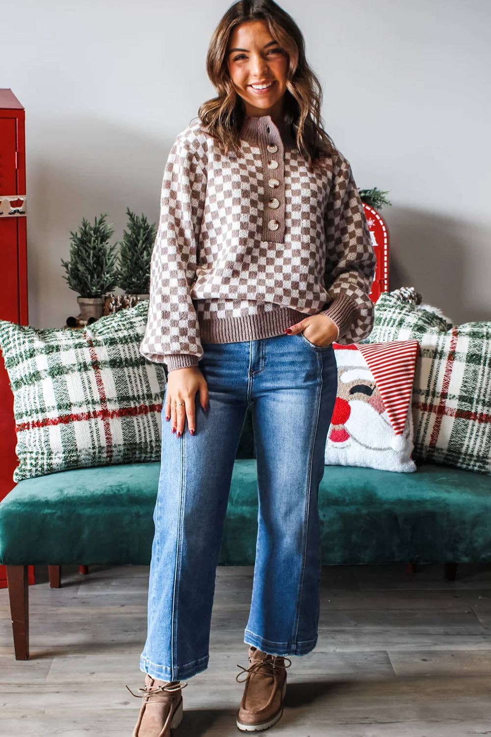 Brown Checkered Half Button Ribbed Trim Sweater