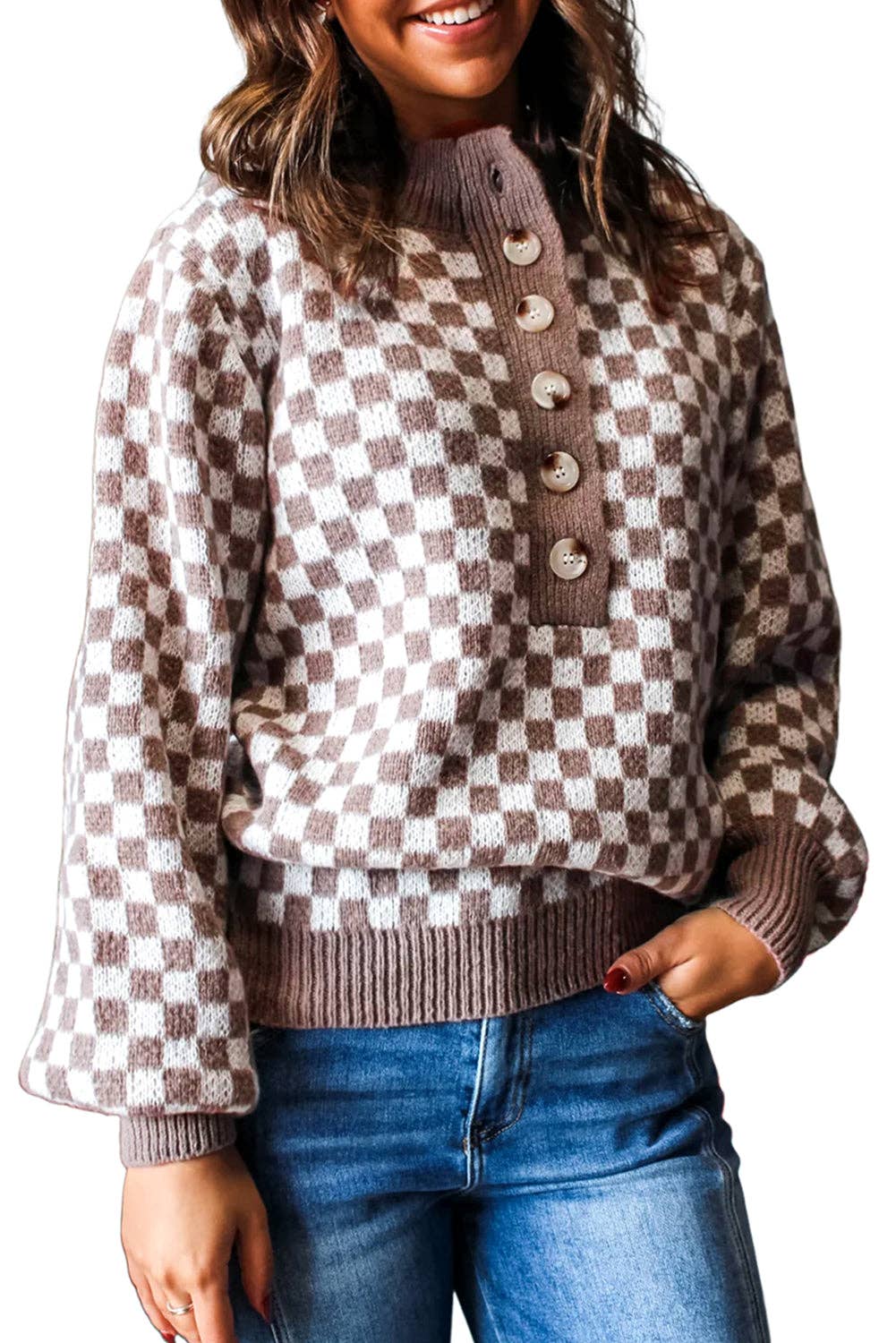 Brown Checkered Half Button Ribbed Trim Sweater